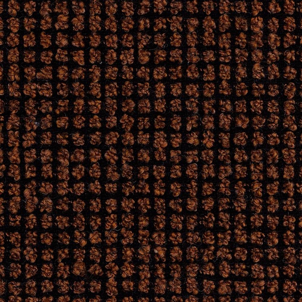 Close-up of boucle sofa upholstery showing a dark brown looped-yarn grid on a black woven ground; 25% wool, 40% acrylic, 35% polyester blend highlighting textured, durable woven loops.