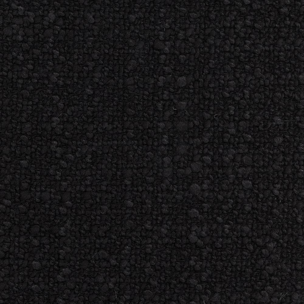 Close-up of black boucle upholstery fabric showing dense nubby looped texture, suitable for heavy-duty sofa upholstery; 73% rayon and 27% triacetate composition.
