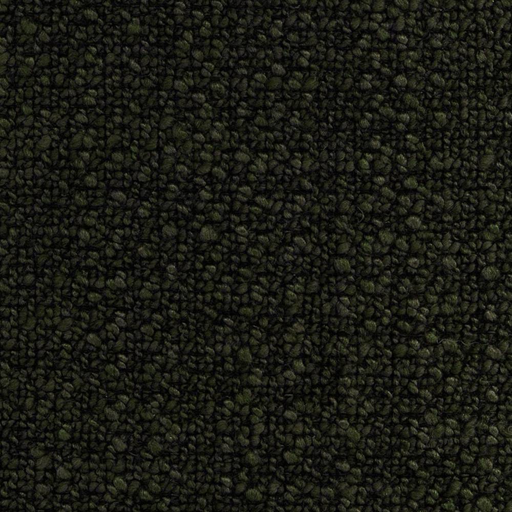Close-up of dark olive-green boucle upholstery fabric showing dense looped pile texture; heavy-duty sofa textile composed of 73% rayon and 27% triacetate for durable indoor use.