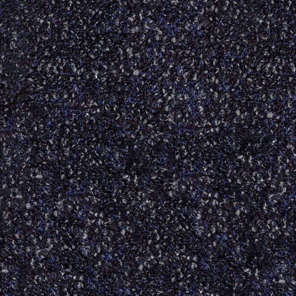 Close-up swatch of deep navy boucle upholstery fabric with charcoal and gray flecks, showing a textured looped pile for contemporary sofas; 25% wool, 50% acrylic, 25% triacetate.
