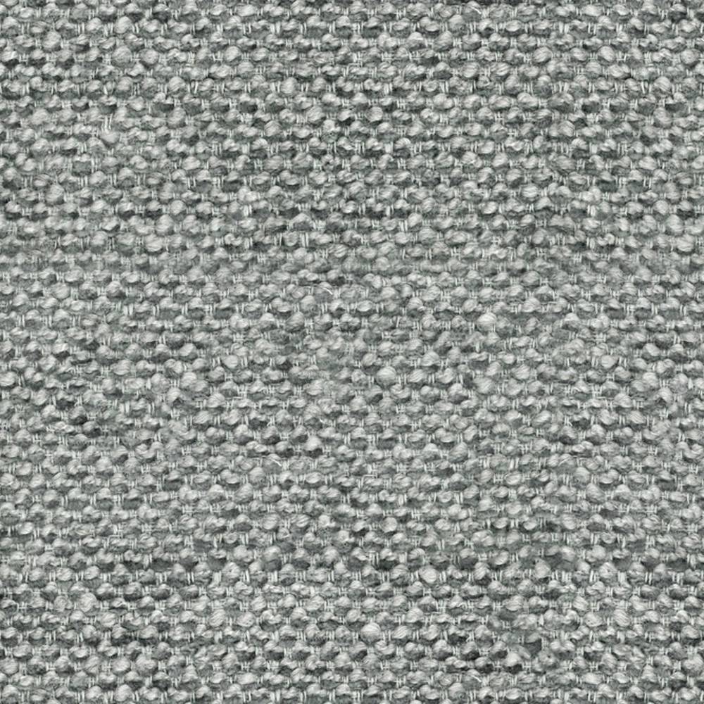 Close-up of light grey boucle upholstery fabric showing nubby, looped texture; a durable wool, acrylic, linen, rayon and triacetate blend intended for contemporary sofa upholstery.