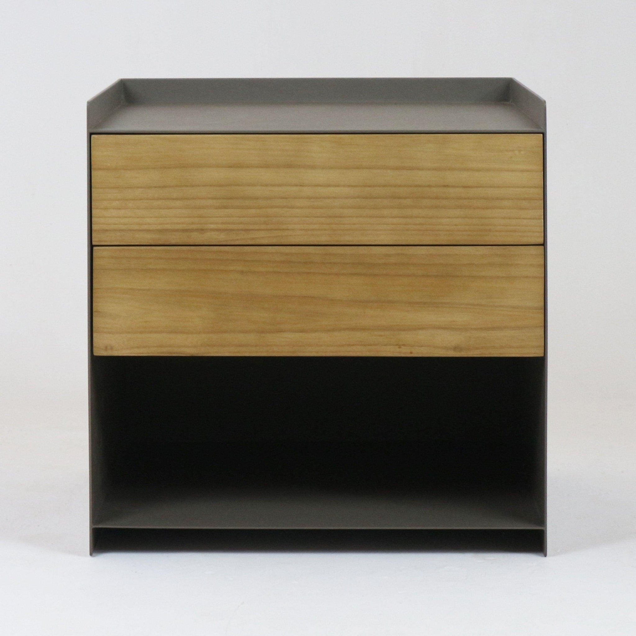 Minimalist two-drawer nightstand with natural solid wood drawer fronts set in a matte gray brushed-steel frame, featuring a recessed top edge and an open lower shelf for extra storage.