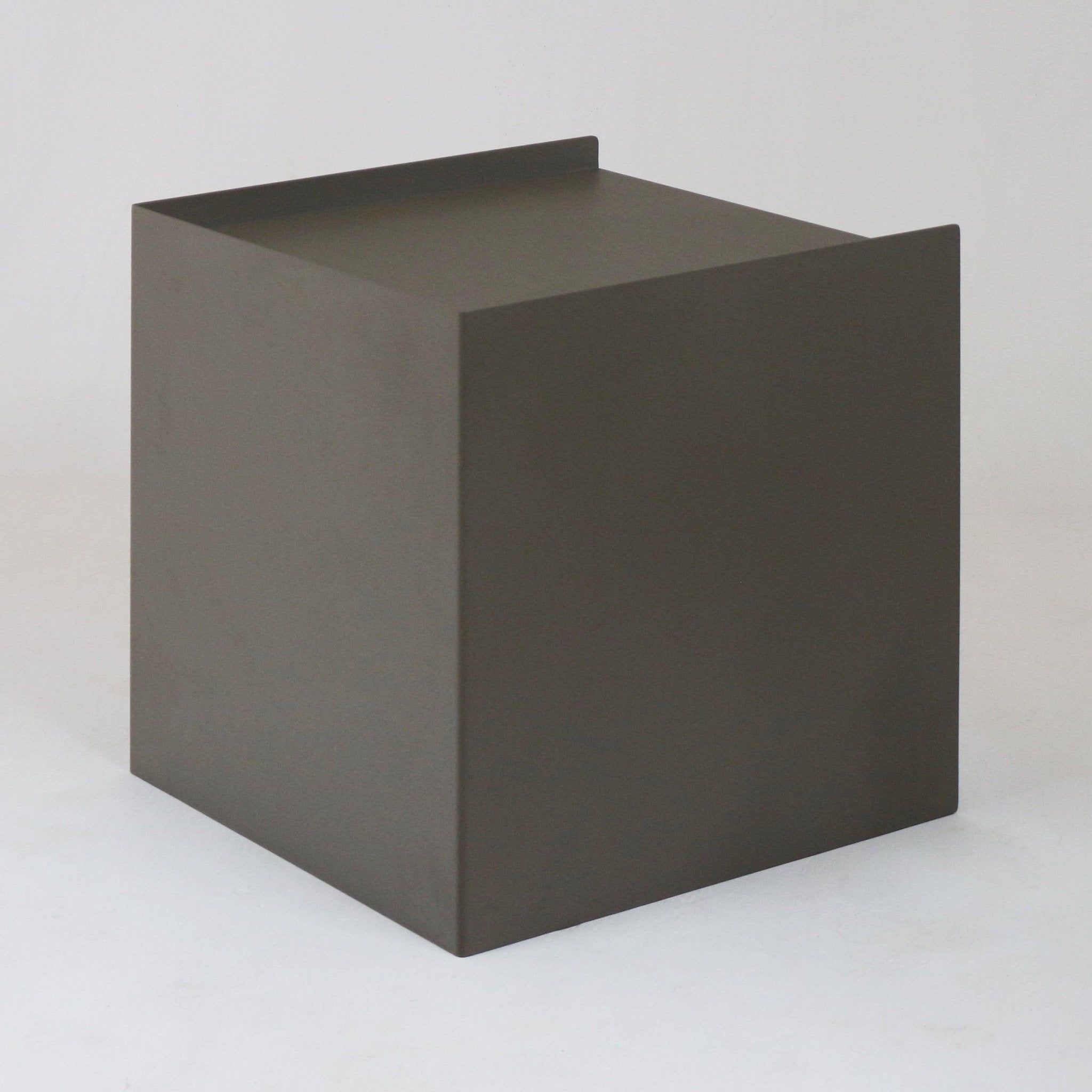 Minimal modern cube nightstand in a matte charcoal finish, flush-sided solid-wood box with a subtle raised brushed-steel back lip and a clean contemporary silhouette for bedroom bedside use.