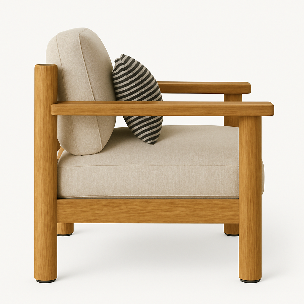 Side profile of a teak club chair showing a solid teak frame with rounded posts and wide flat armrests, beige outdoor cushions, and a striped black-and-cream lumbar pillow.