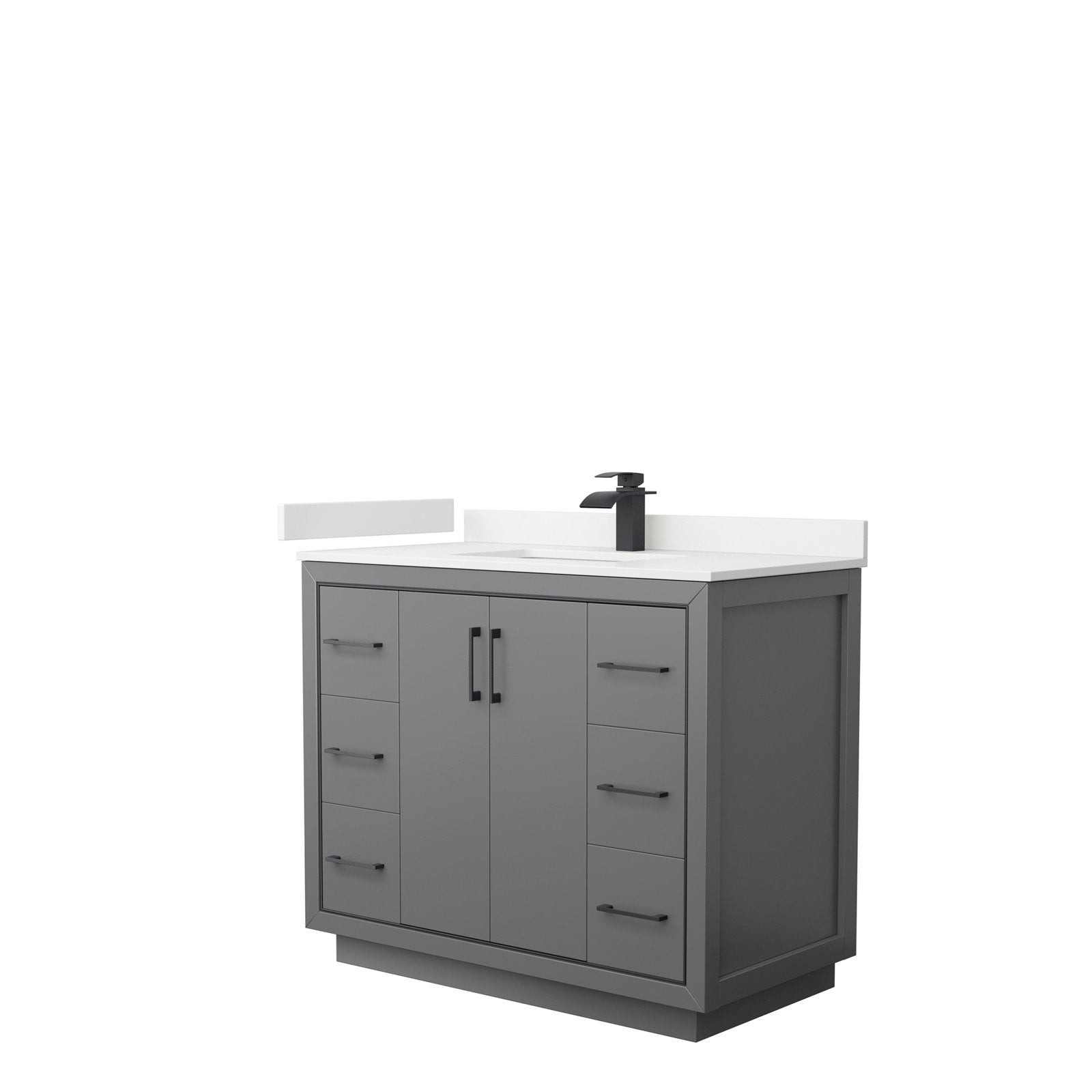 42-inch modern solid wood bathroom vanity in stone gray with a white stone countertop and integrated ceramic sink, matte black faucet and black hardware, featuring two center doors flanked by three stacked drawers per side.
