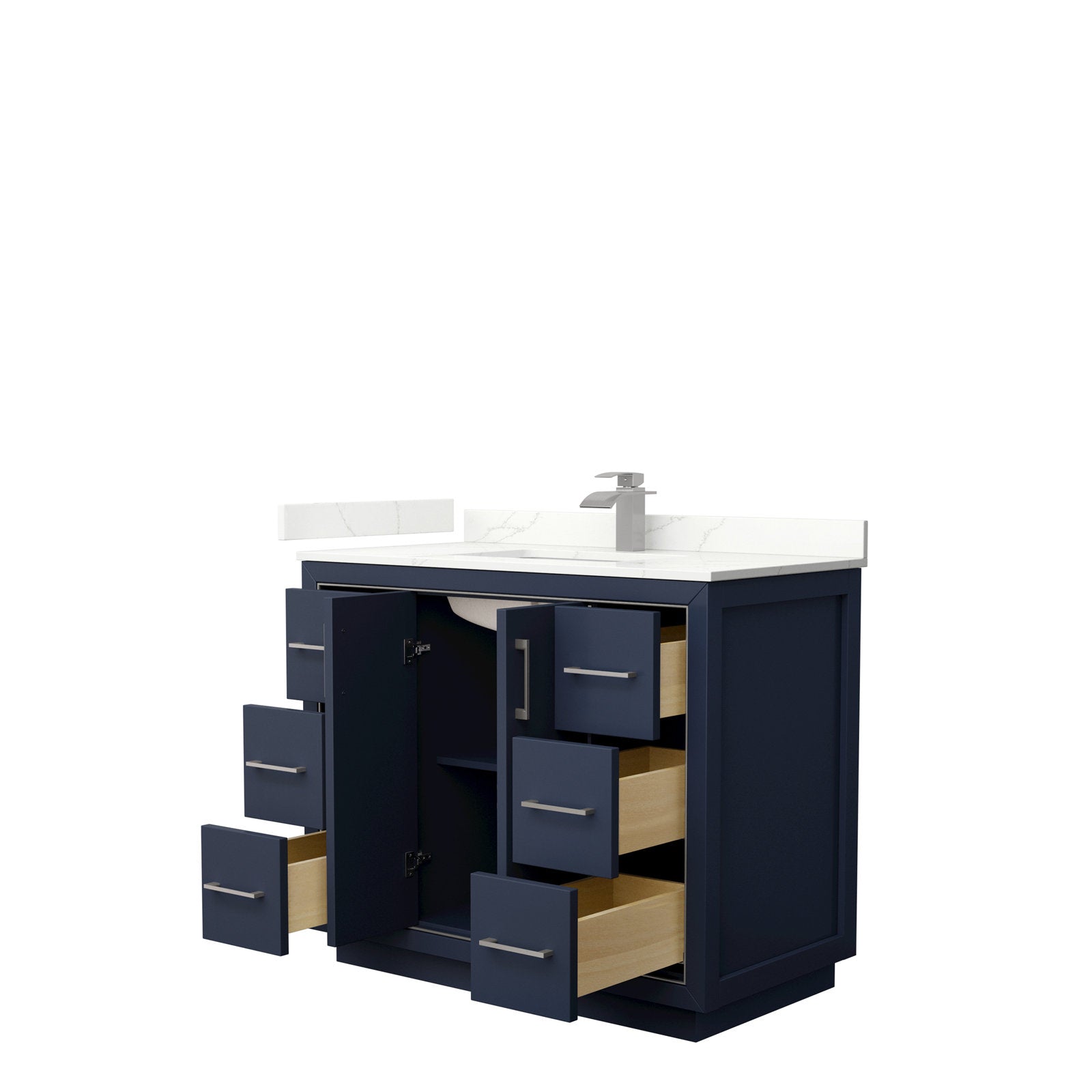 Modern 42-inch solid wood single-sink bathroom vanity in navy blue with a white stone countertop and integrated ceramic sink, brushed nickel bar pulls, multiple open drawers and a center cabinet showing wood interiors.