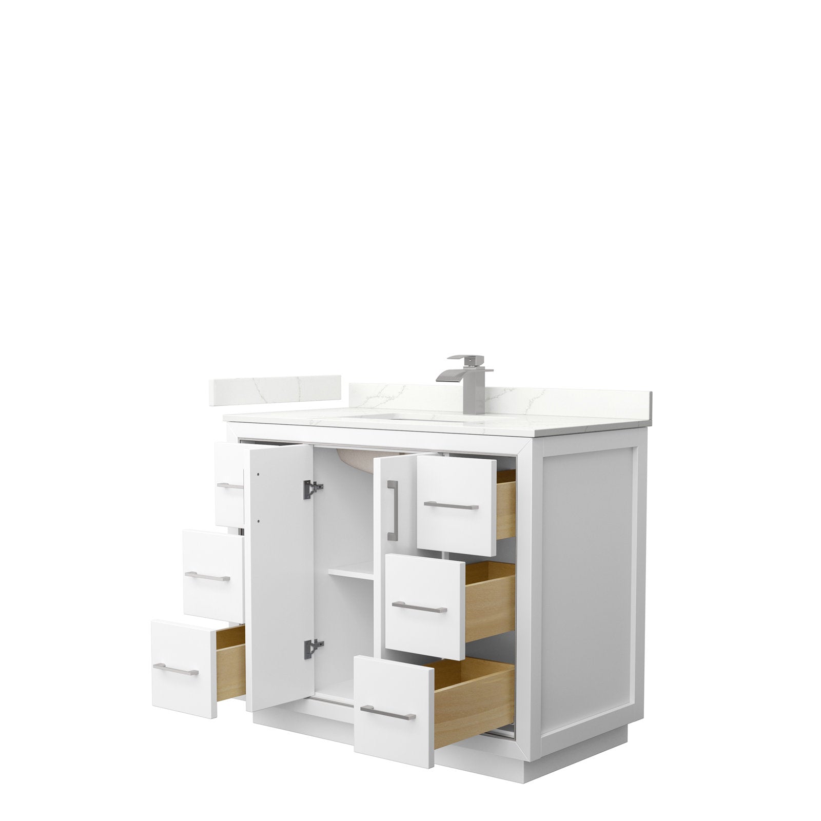 Modern 42-inch solid wood freestanding bathroom vanity in a stone finish with a white stone countertop and integrated ceramic sink, brushed-nickel faucet, center cabinet and six open drawers showing natural wood interiors.