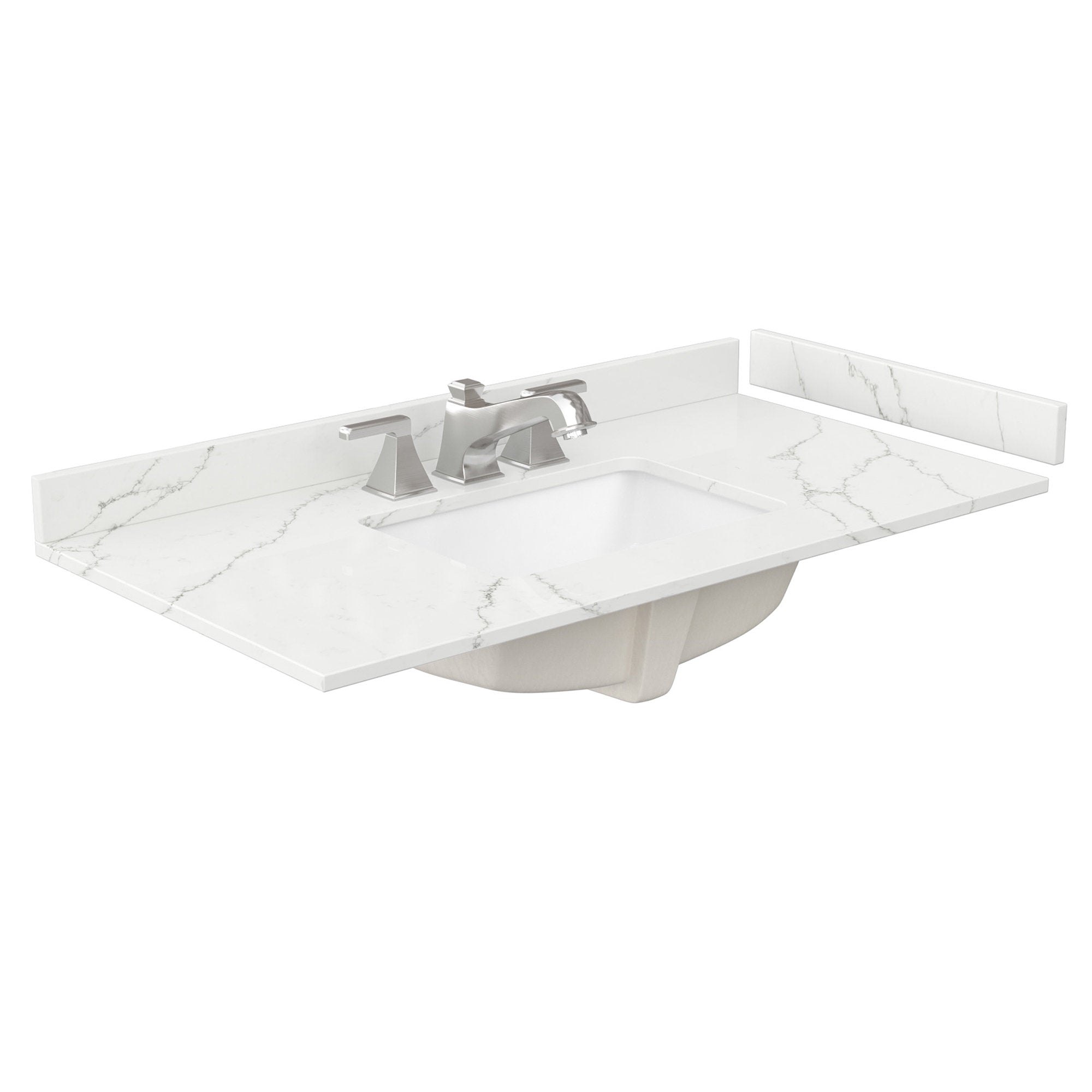Angled front view of a white stone countertop with gray marble veining, rectangular undermount ceramic sink, chrome two-handle faucet and matching stone backsplash.
