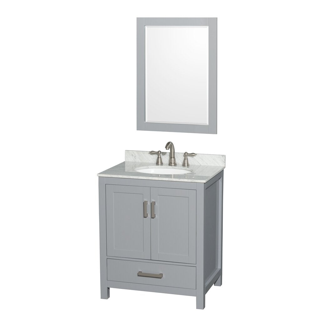 Modern gray solid-wood 30-inch bathroom vanity with a white oval ceramic undermount sink set in a stone countertop, brushed nickel widespread faucet, two-door cabinet with bottom drawer, shown with matching gray framed mirror.