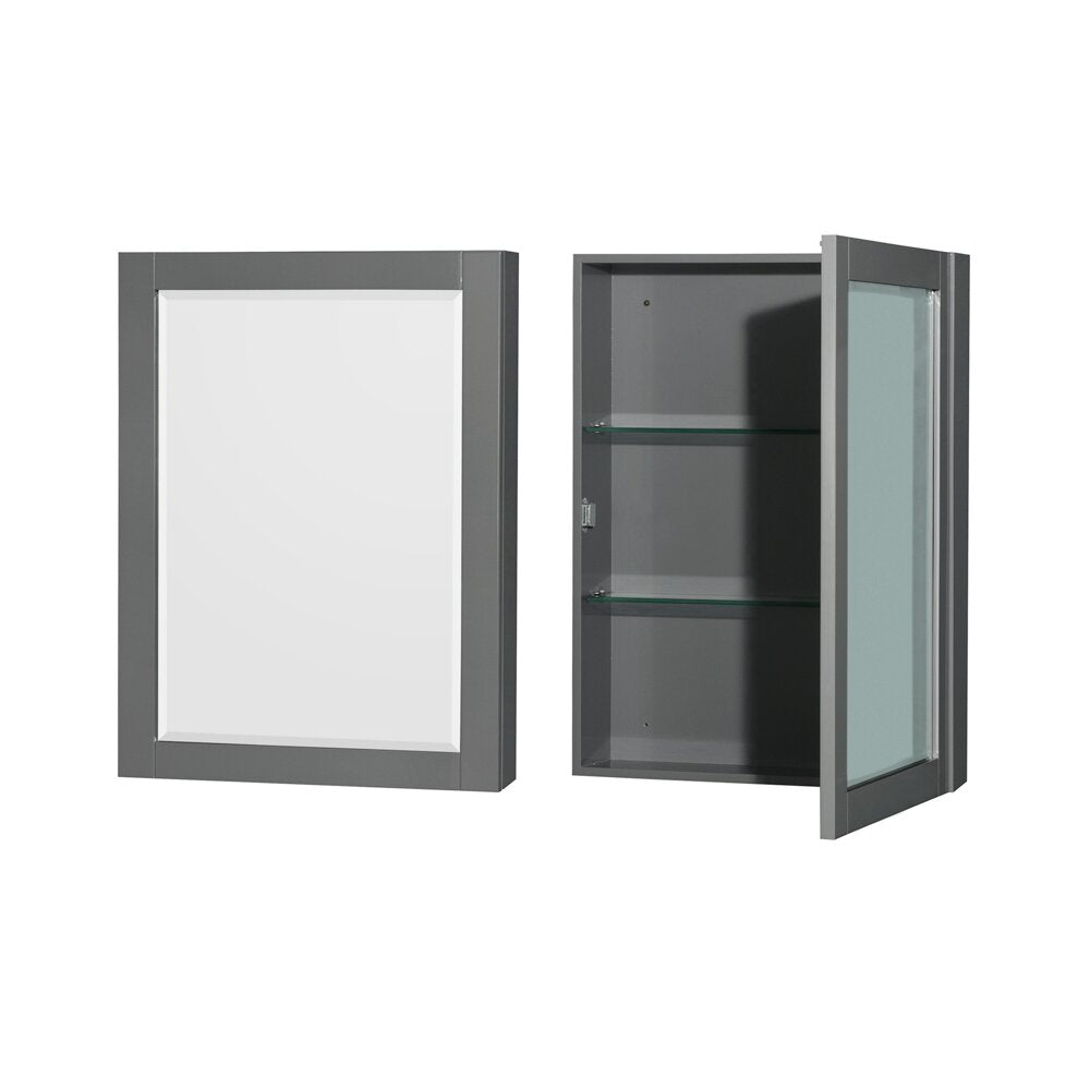 Contemporary stone-colored wood medicine cabinet set with a full mirrored door on the left and an open cabinet on the right revealing two glass shelves and a gray painted wood frame.
