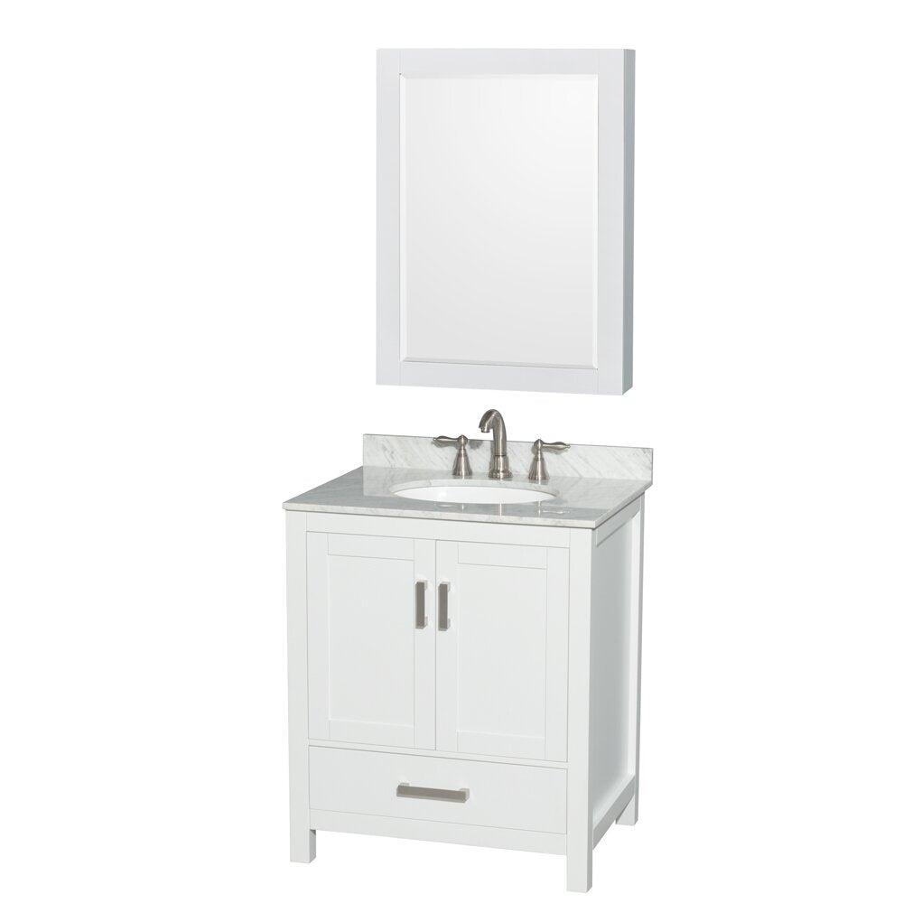 White solid-wood freestanding bathroom vanity with gray stone marble top, oval undermount ceramic sink, brushed-nickel faucet and hardware, double-door cabinet with lower drawer and matching framed mirror above.