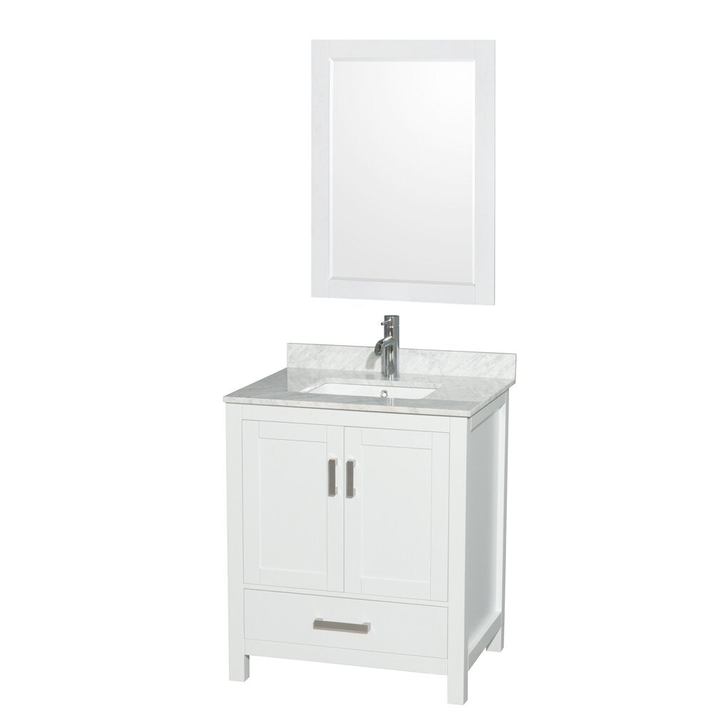 Freestanding modern white solid-wood bathroom vanity with stone countertop, integrated undermount ceramic sink, chrome single-handle faucet, shaker-style double doors, lower drawer and matching rectangular mirror.