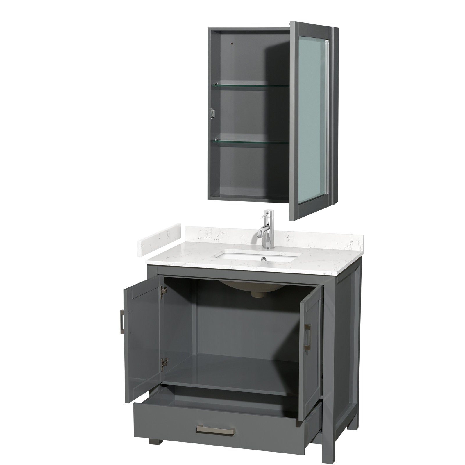 Contemporary freestanding gray wood vanity with white stone countertop and integrated single sink, chrome faucet, open lower cabinet doors and drawer, plus matching wall medicine cabinet with glass shelves.