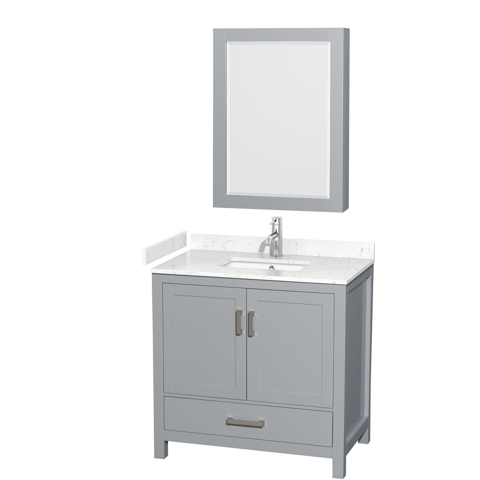 Light-gray solid wood 36-inch freestanding bathroom vanity with white stone countertop and integrated rectangular sink, chrome single-handle faucet, two cabinet doors, lower drawer and matching framed mirror cabinet.