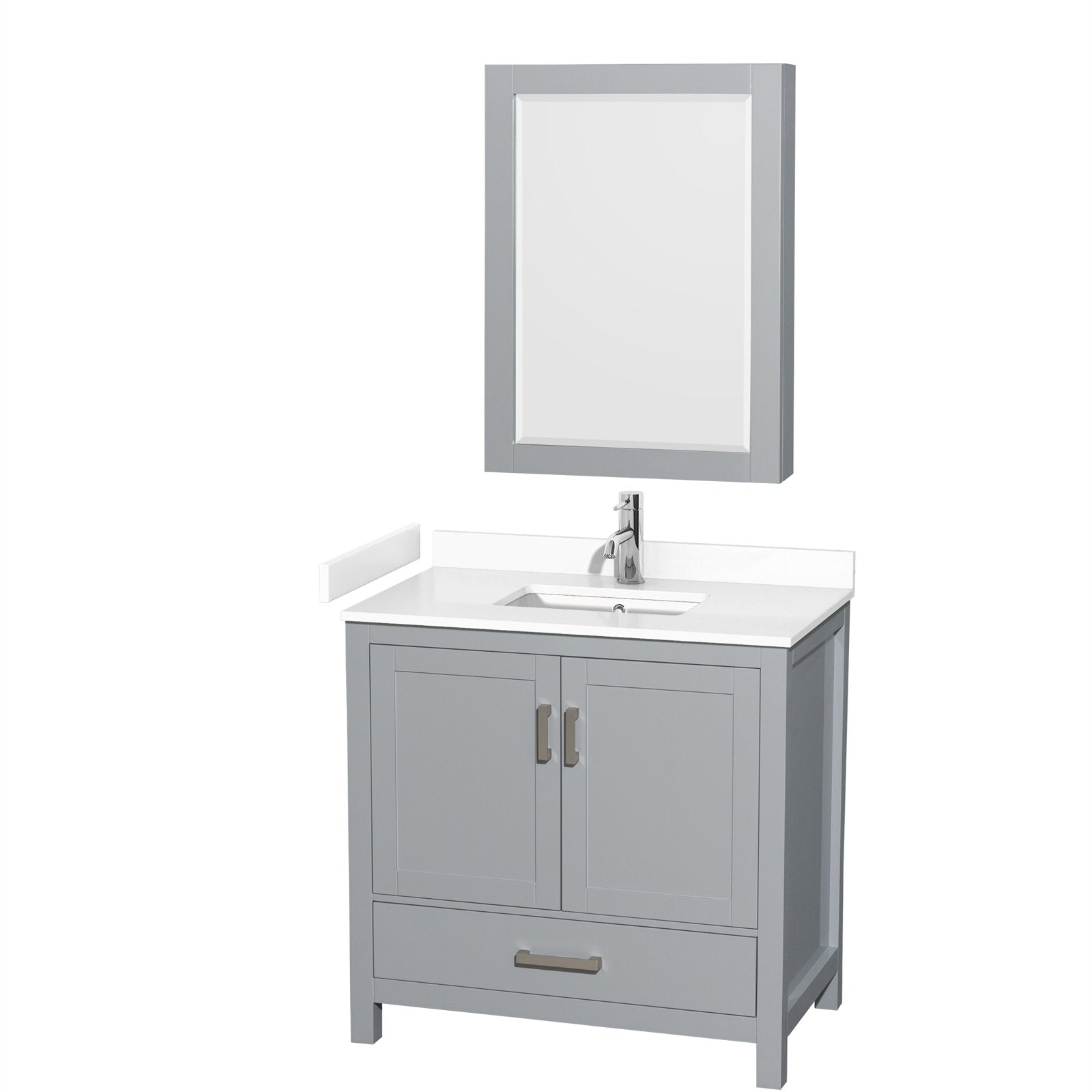 36-inch modern gray solid wood bathroom vanity with white stone countertop and integrated rectangular sink, matching gray framed mirror above, chrome single-handle faucet, two cabinet doors and a bottom drawer on legs.