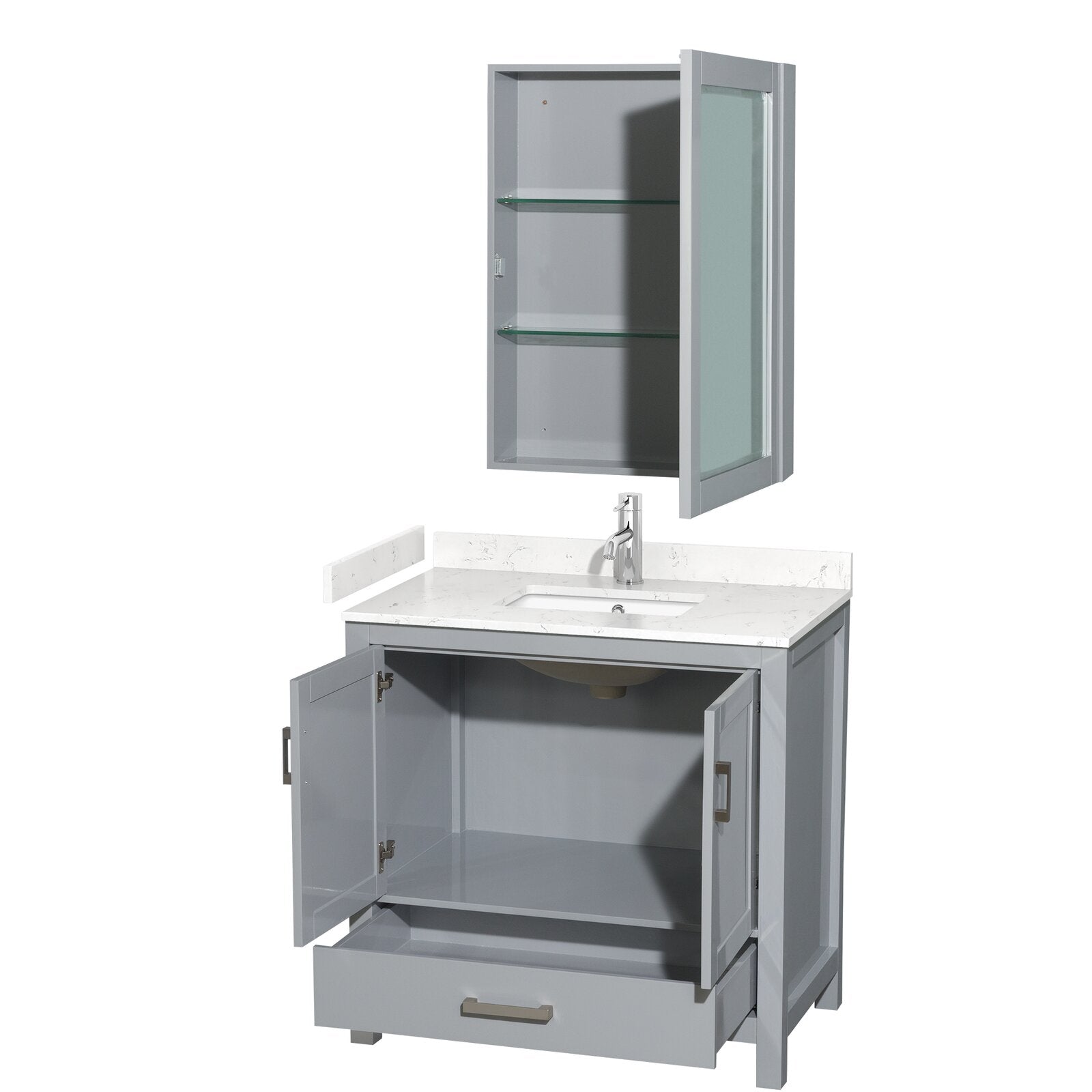 36-inch gray solid-wood bathroom vanity with white stone countertop and integrated rectangular sink, chrome single-handle faucet, open cabinet doors and lower drawer, and matching wall-mounted medicine cabinet with glass shelves.