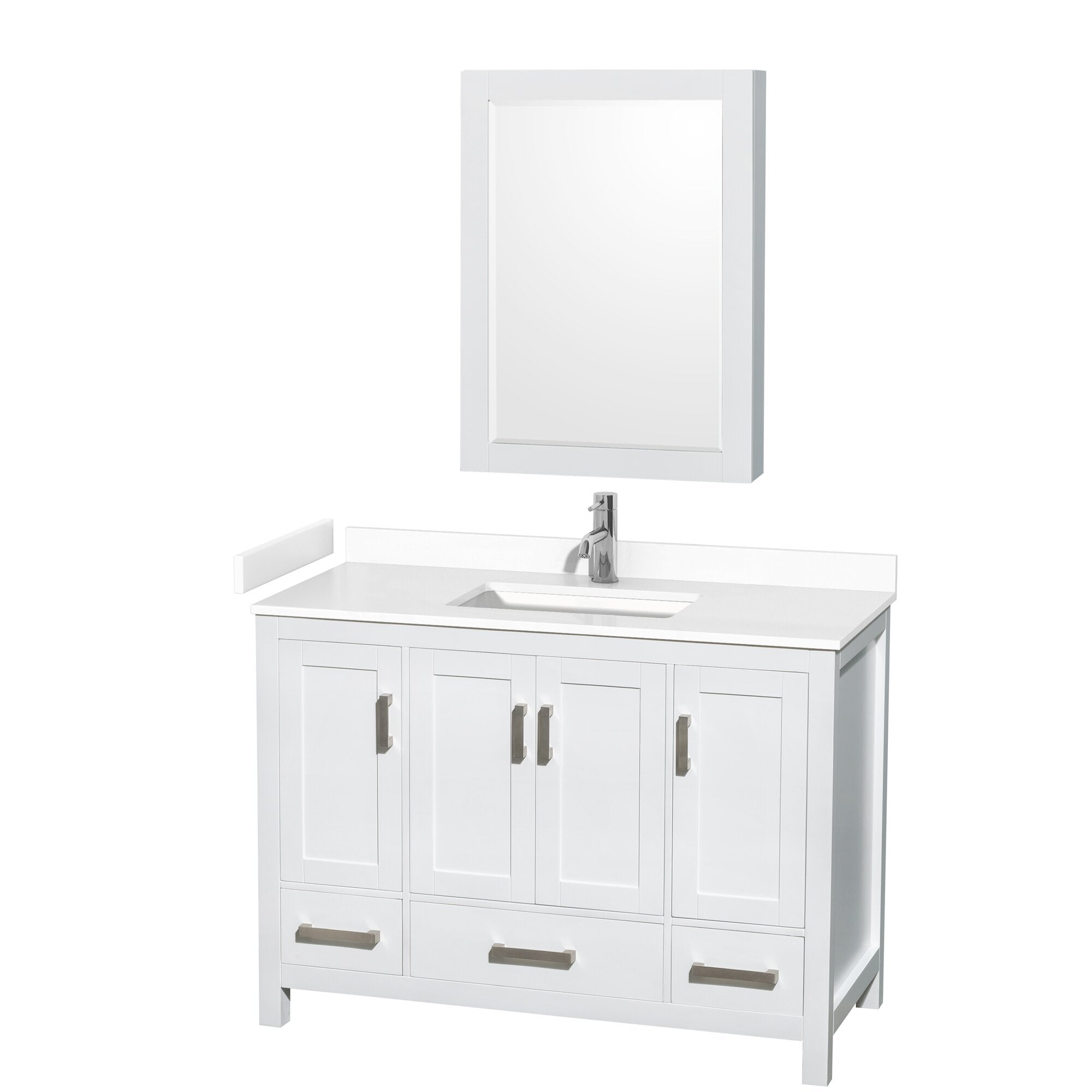 48-inch freestanding modern solid wood bathroom vanity in white with a stone countertop, integrated rectangular sink, chrome single-lever faucet, shaker-style cabinet doors, three lower drawers and a matching framed wall mirror.
