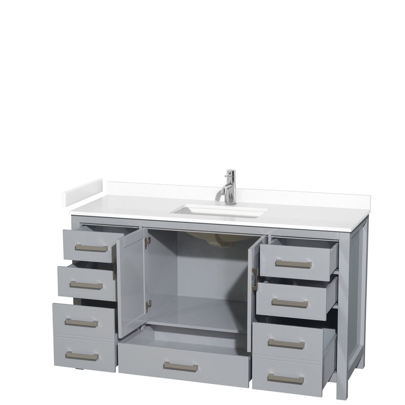 Modern 60-inch solid wood single-sink vanity in stone gray with a white stone top and integrated rectangular sink, chrome single-handle faucet, multiple drawers and center cabinet open to show storage.