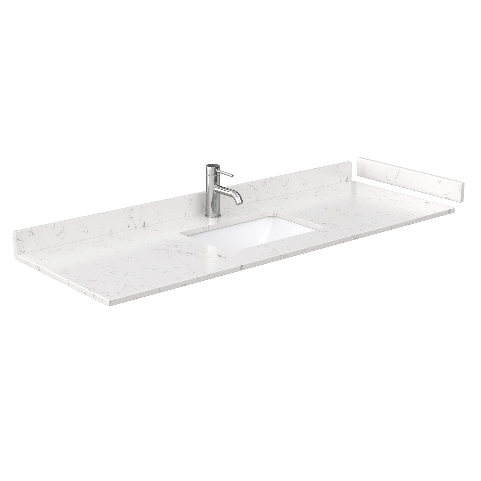 Stone-colored 60-inch modern vanity top with integrated rectangular undermount sink, subtle marble-style veining, low backsplash and single-hole chrome faucet.