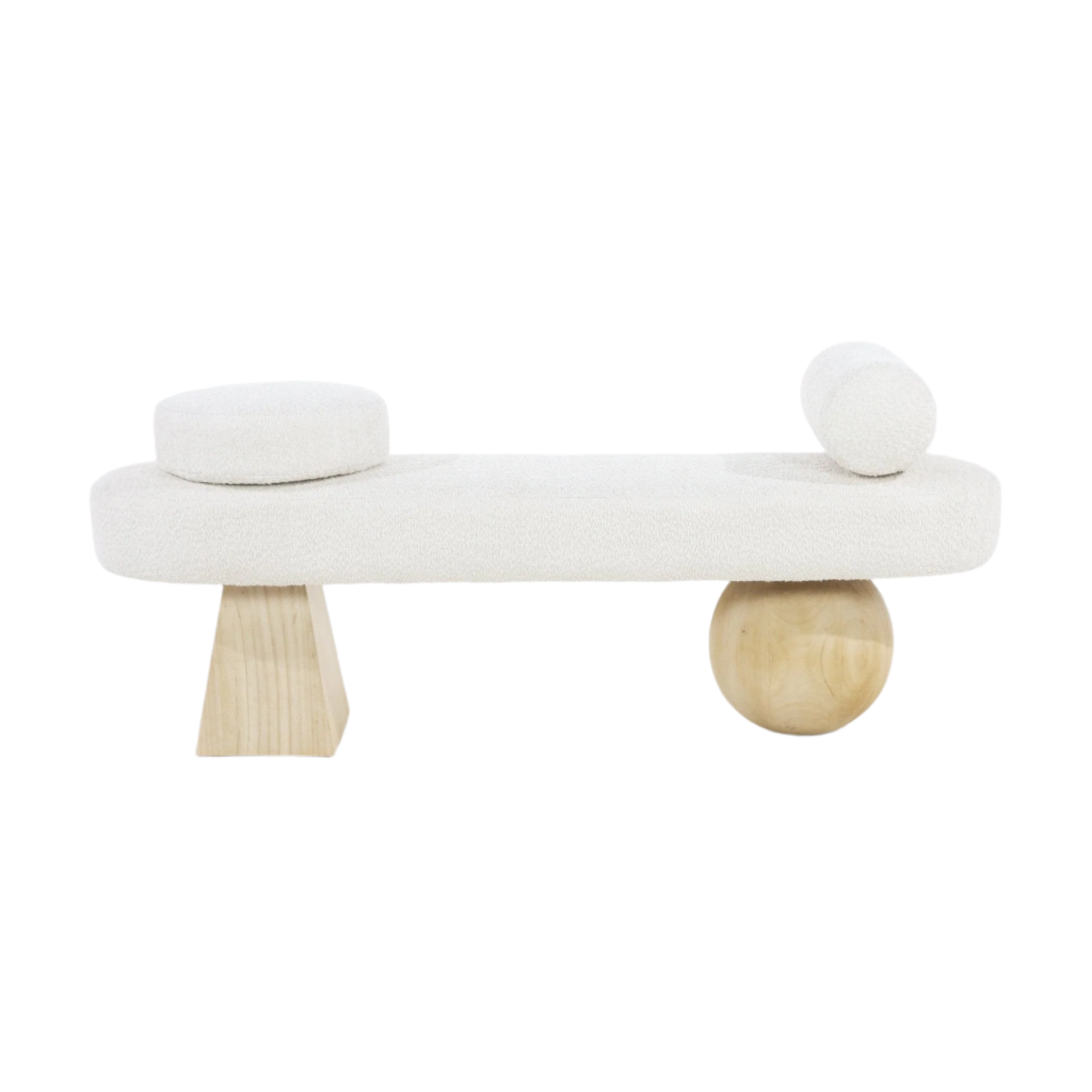 59-inch cream boucle upholstered end-of-bed bench with two round cushions and contrasting solid wood legs — a tapered block leg on one side and a spherical wood leg on the other for a modern coastal look.