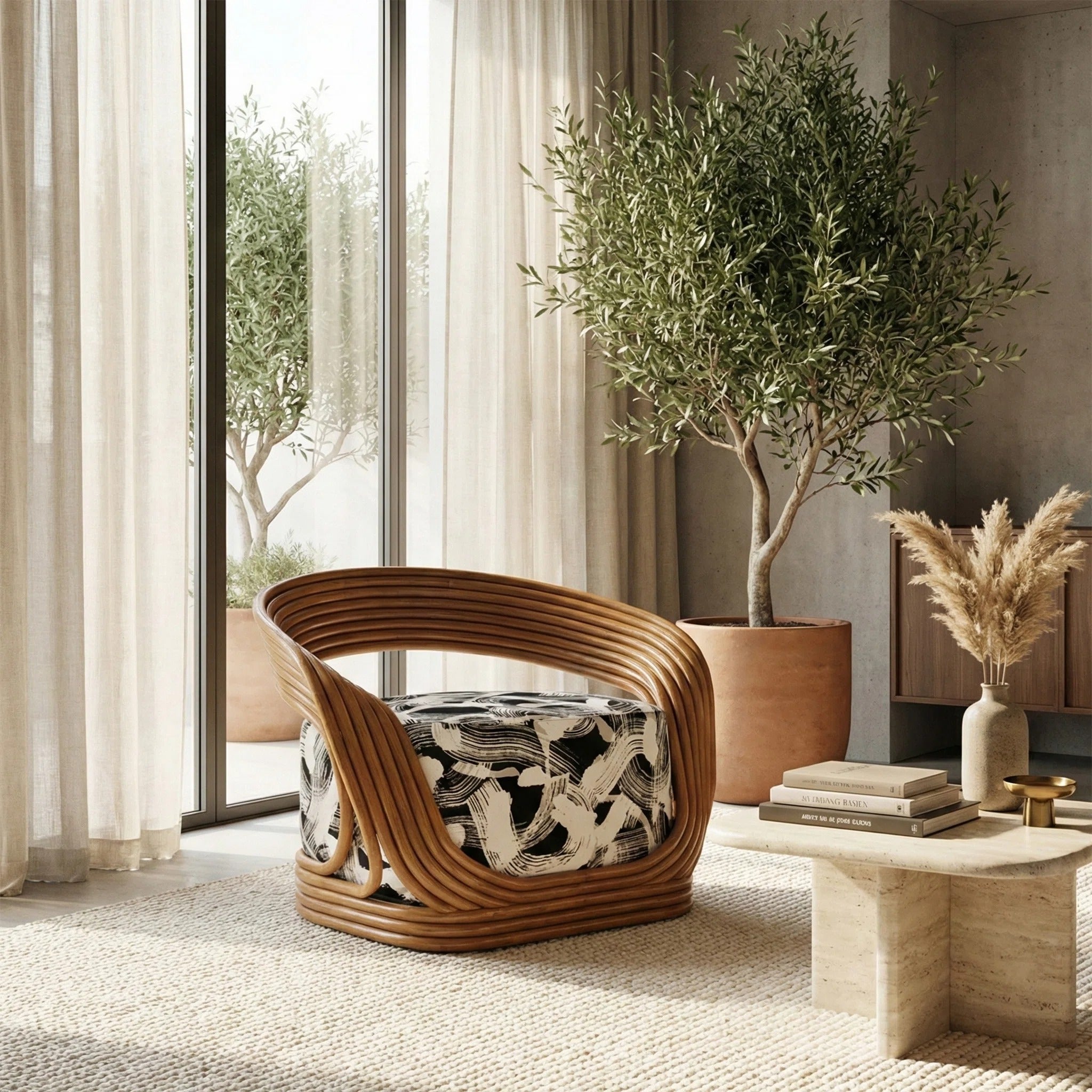 Eva Cane Lounge Chair with Greige Black Woven Upholstery