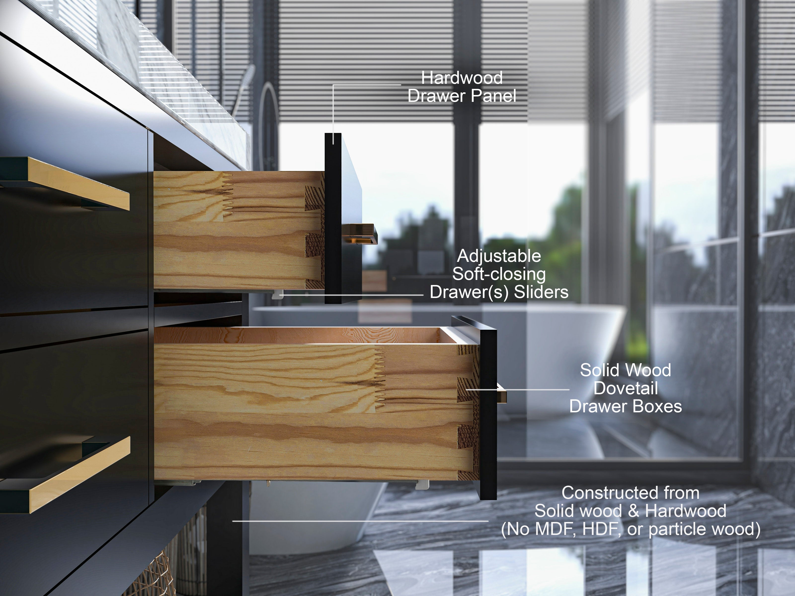 Close-up of two open solid wood dovetail drawer boxes under a stone countertop on a 60-inch modern bathroom vanity, showing matte-black cabinet faces, brushed-gold handles and soft-close hardware with a blurred tub and window behind.