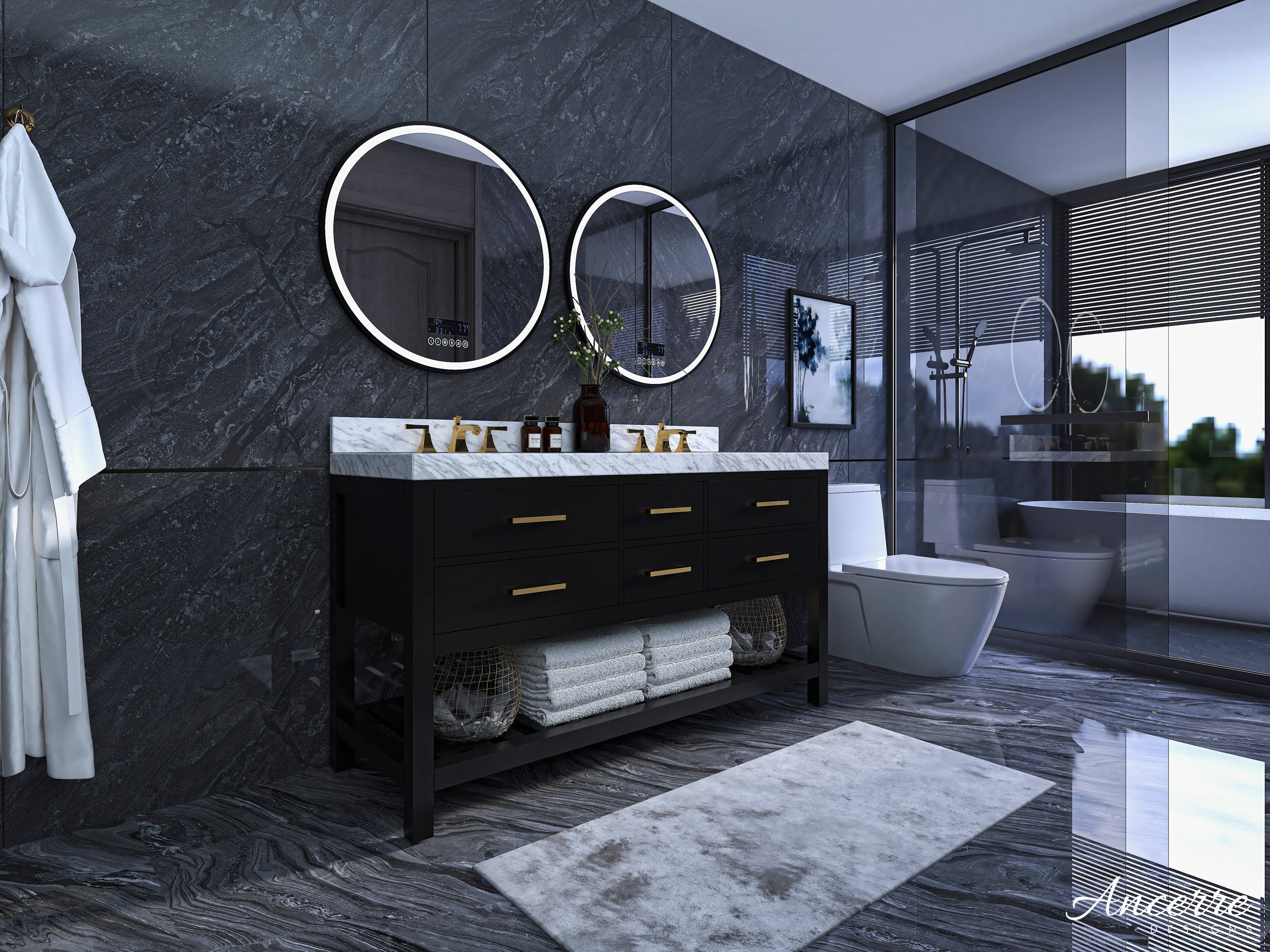 Modern 60-inch solid wood double-sink vanity in black with a stone marble top, brass faucets and two round LED mirrors over ceramic sinks, freestanding with open shelf towel storage in a dark stone-finished bathroom.