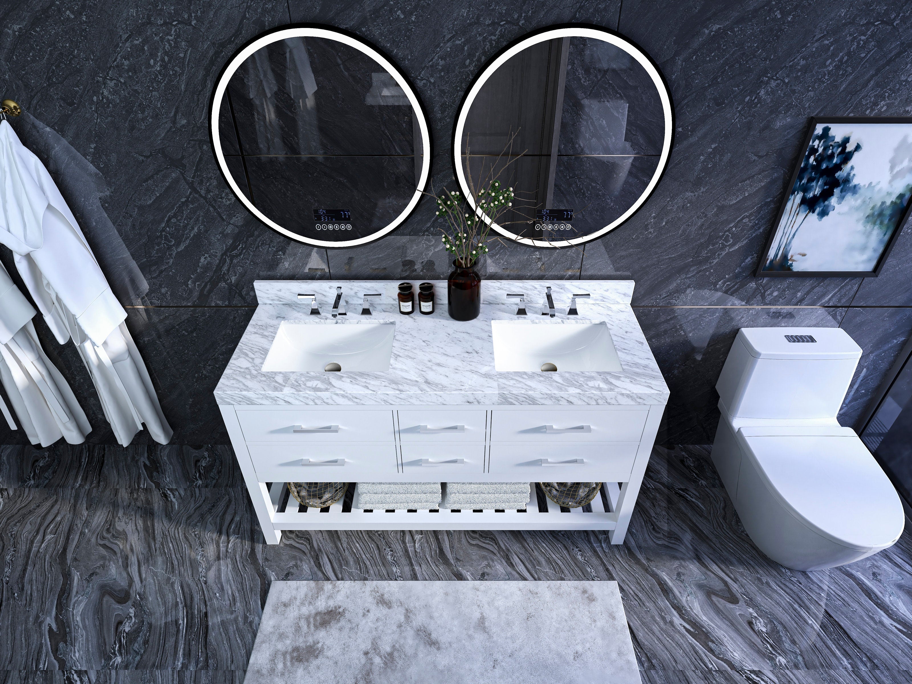 Top-down view of a modern solid wood 60-inch freestanding double sink vanity with a stone top, two rectangular ceramic undermount sinks, chrome faucets, open lower shelf with towels and two round illuminated mirrors.
