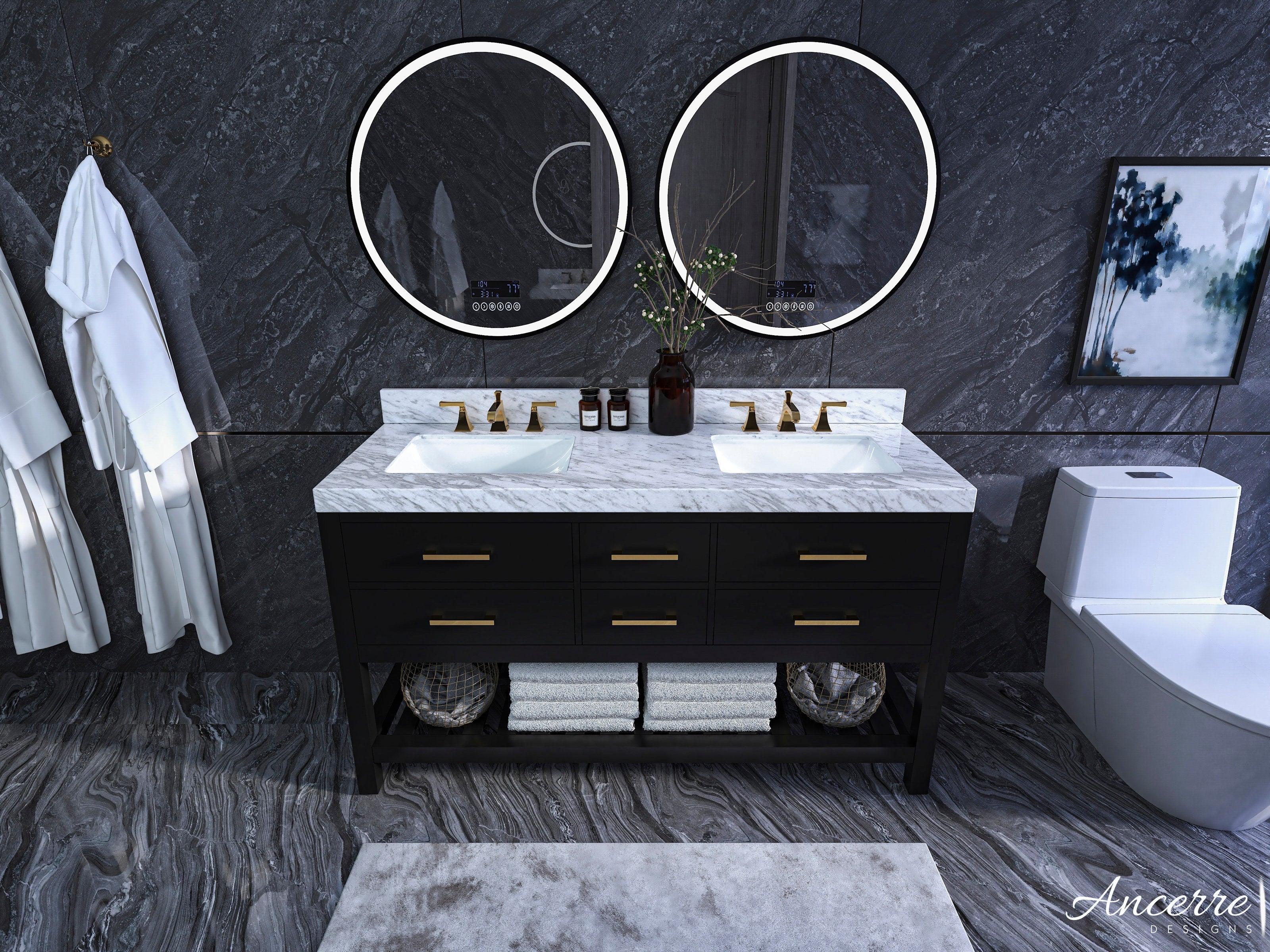Modern solid-wood 60-inch double-sink bathroom vanity with white stone top, undermount ceramic sinks, black base, brass faucets and drawer pulls, LED round mirrors, folded towels on open shelf and a toilet at right.