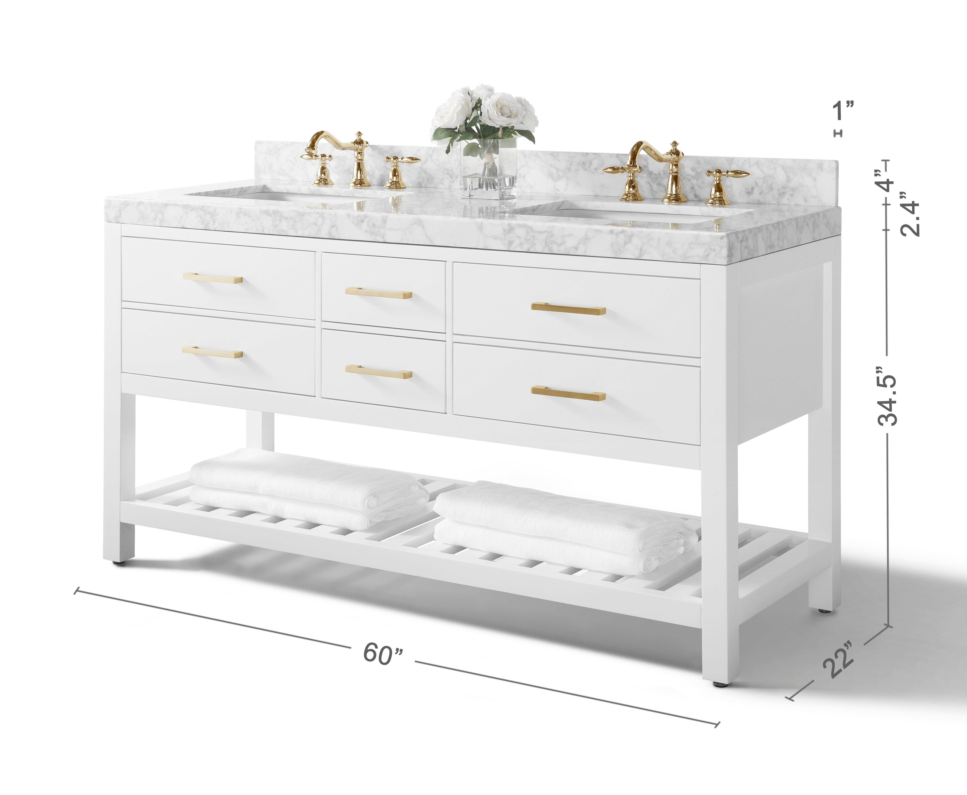Modern 60-inch freestanding solid wood double-sink bathroom vanity with stone marble top, undermount ceramic sinks, white painted base, slatted lower shelf with folded towels, and brushed gold faucets and handles.