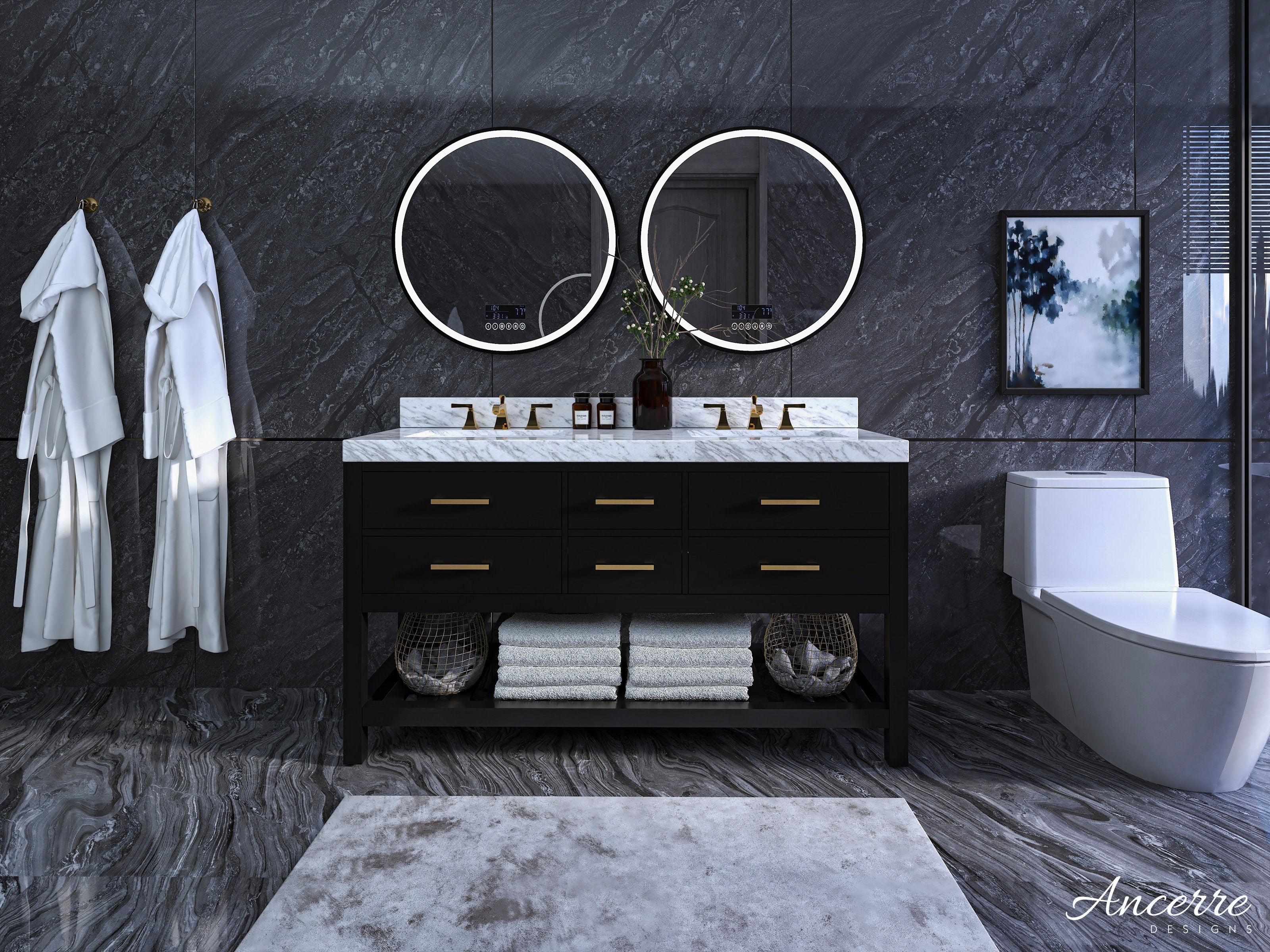 Modern solid wood double-sink bathroom vanity with stone countertop and dual ceramic basins, black painted base with six drawers and open shelf holding folded towels and baskets, brushed gold faucets and two round LED mirrors against dark stone walls