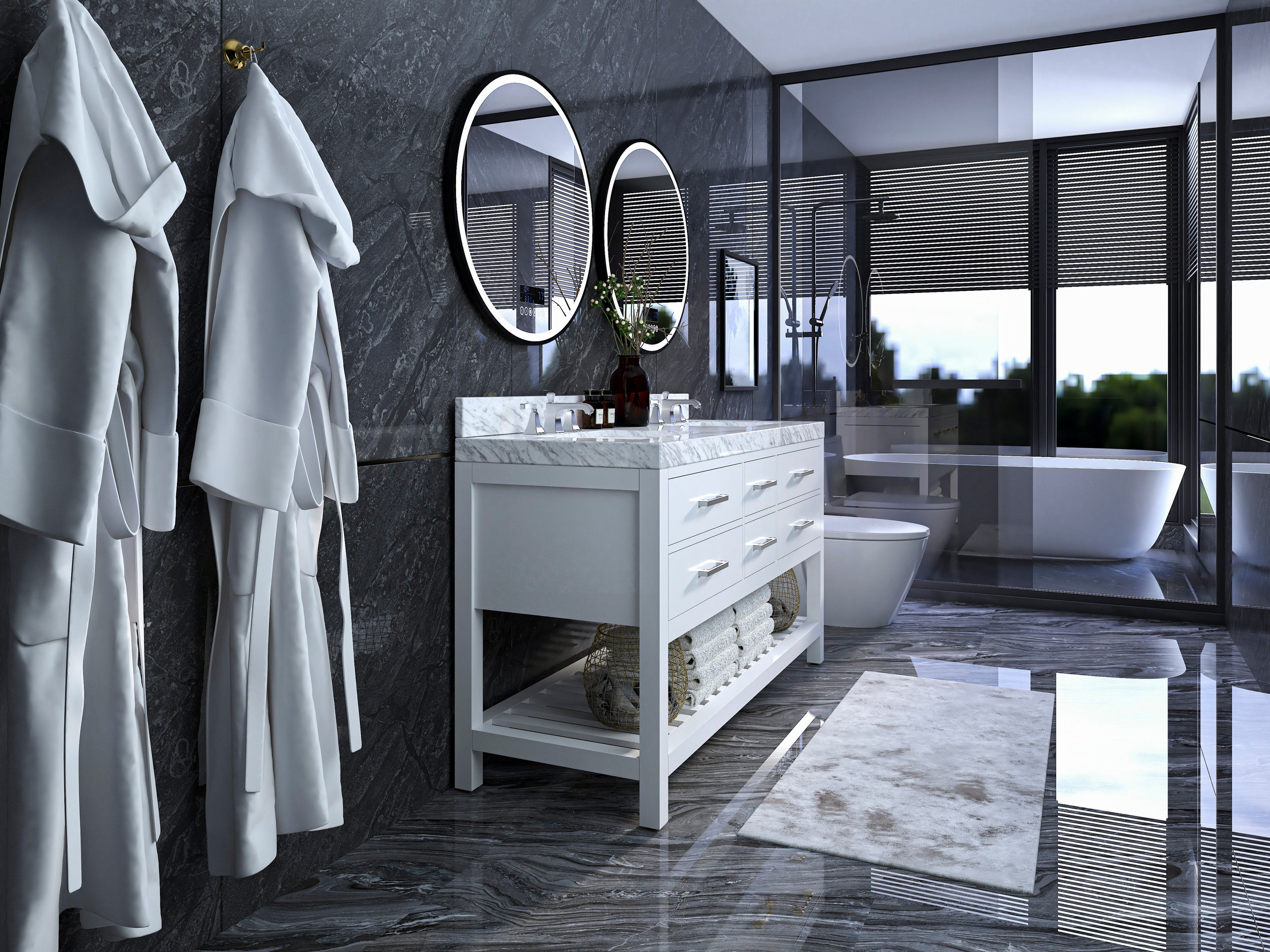 Modern 60-inch solid wood double-sink vanity with a stone marble top and white painted base, two round mirrors, chrome faucets and open lower shelf with rolled towels, shown in a contemporary bathroom with dark stone walls and freestanding tub.