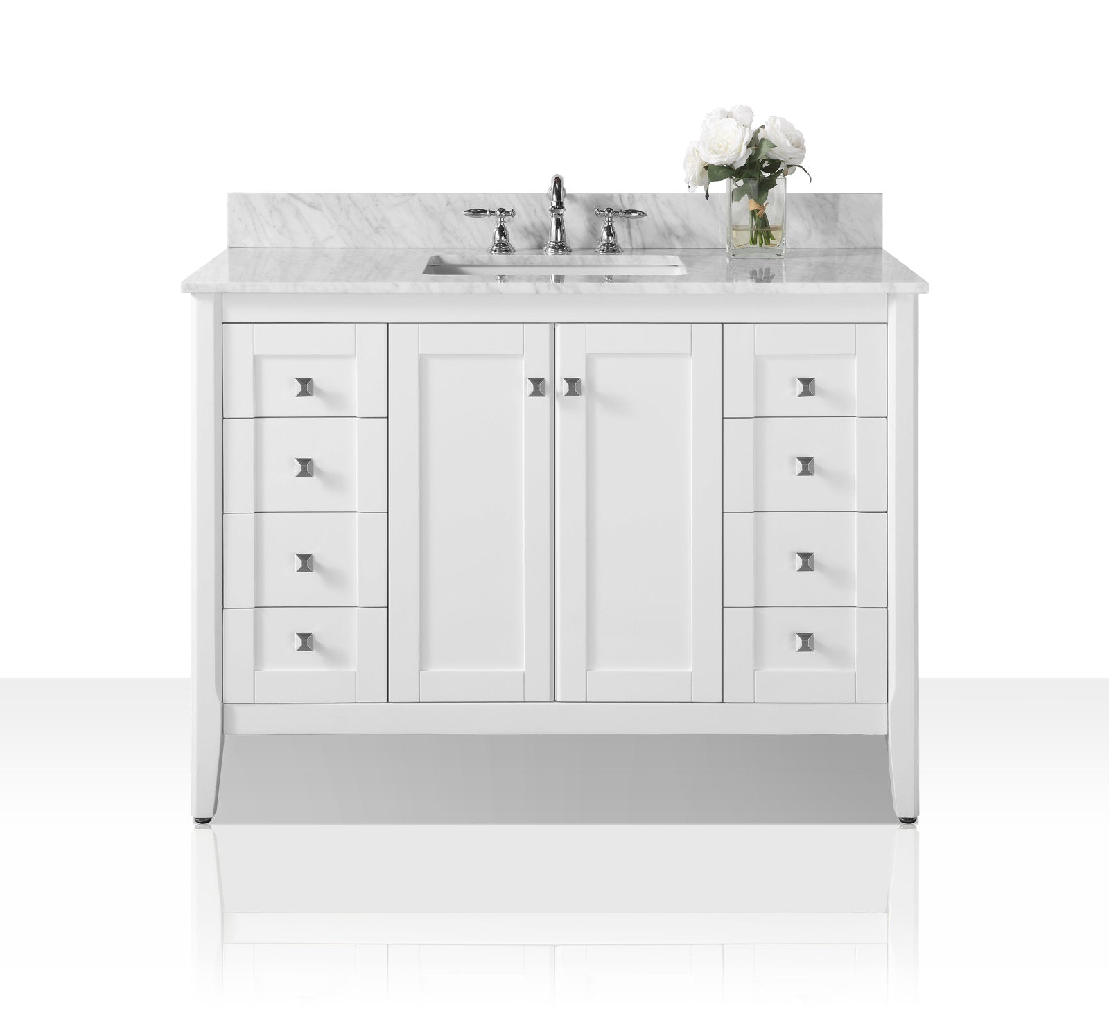 Front view of a 48-inch white solid wood bathroom vanity with marble stone top and backsplash, undermount ceramic sink, chrome faucet, four drawers on each side, double cabinet doors, and a vase of white flowers.