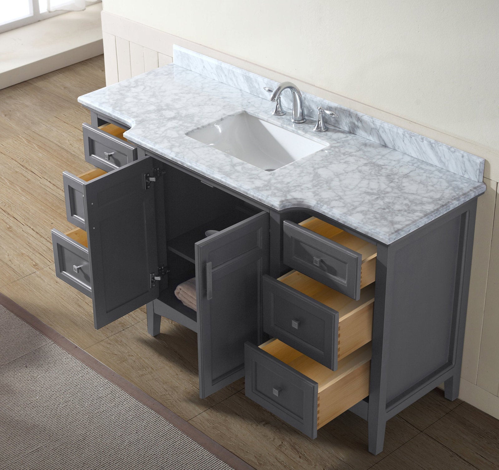 60-inch modern gray solid wood bathroom vanity with a white rectangular undermount ceramic sink, polished chrome faucet and marble stone countertop; freestanding cabinet with open drawers showing natural wood interiors.