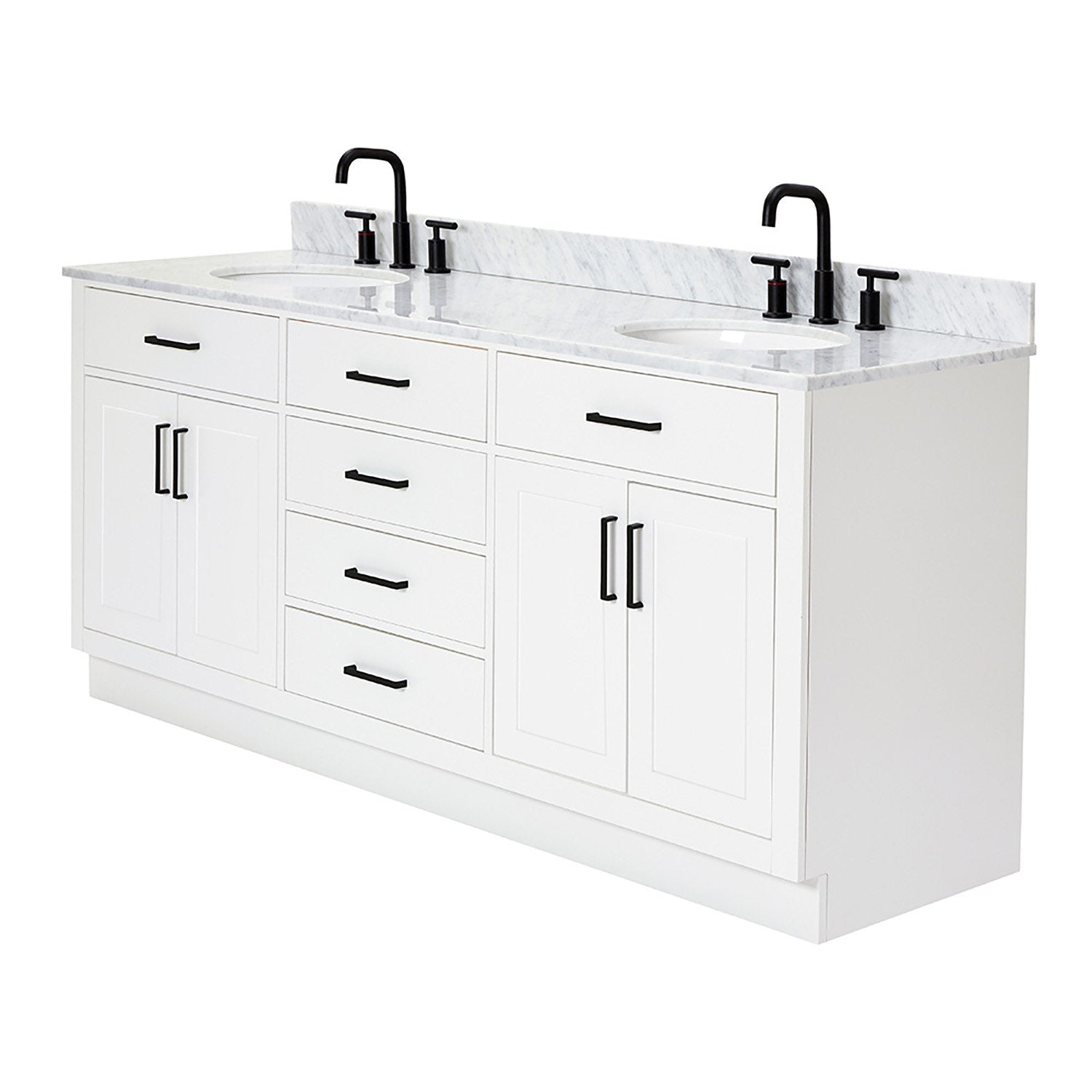 73-inch freestanding white solid wood bathroom vanity with Giotto quartz countertop, two integrated white sinks, matte black faucets and matching black handles, modern style with center drawers and side cabinets for storage.