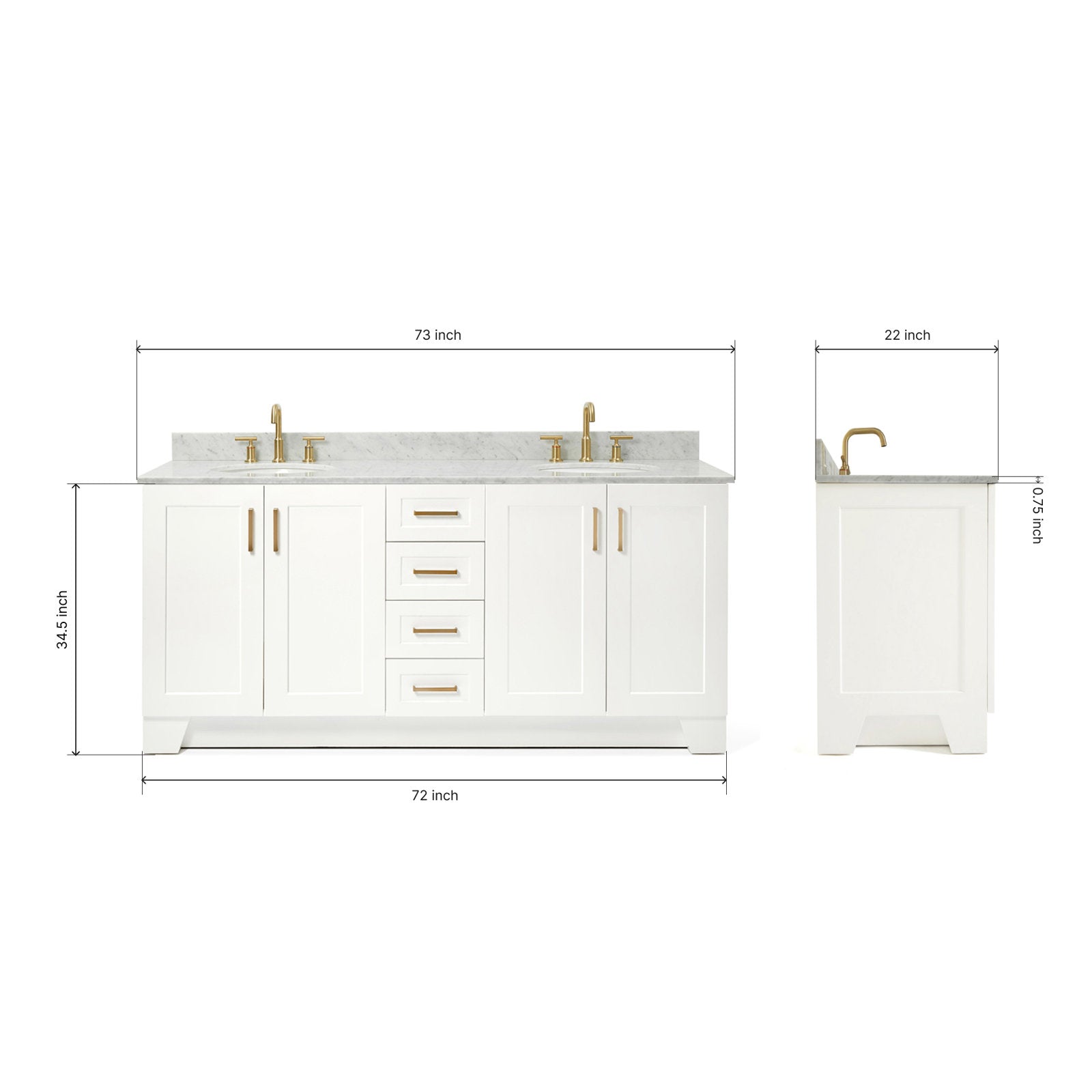Front and side views of a 73-inch freestanding white solid wood bathroom vanity with a stone countertop, satin bronze faucets and matching bronze hardware, center stacked drawers, side cabinets and dimension lines.