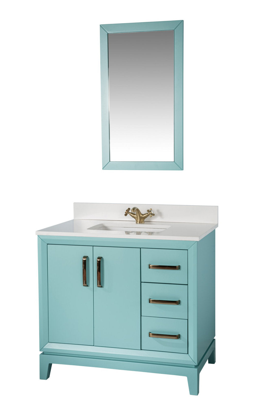 Modern freestanding solid wood bathroom vanity in turquoise with white stone top, ceramic undermount sink, brass faucet and hardware, two-door cabinet with three drawers, shown with a matching rectangular framed mirror.