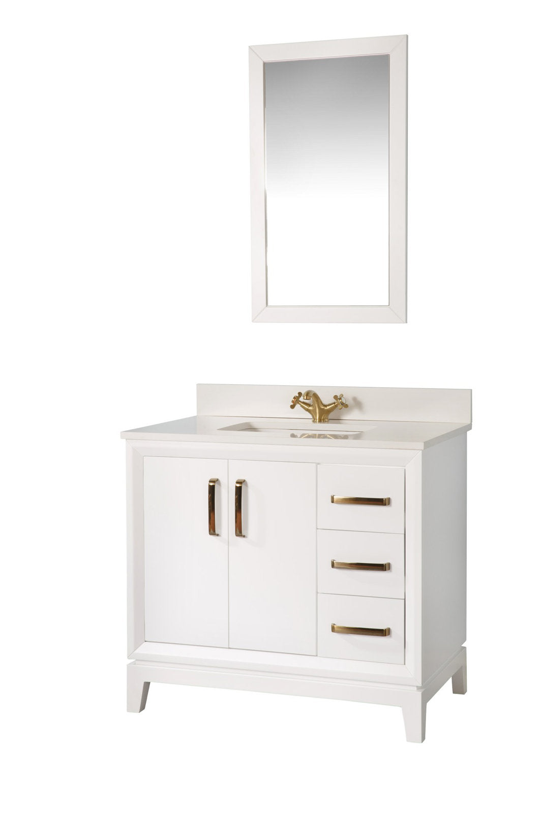 Freestanding modern white solid-wood bathroom vanity with a stone countertop and integrated single ceramic sink, gold-tone faucet and matching drawer pulls, three right-side drawers, double-door cabinet and rectangular wall mirror.