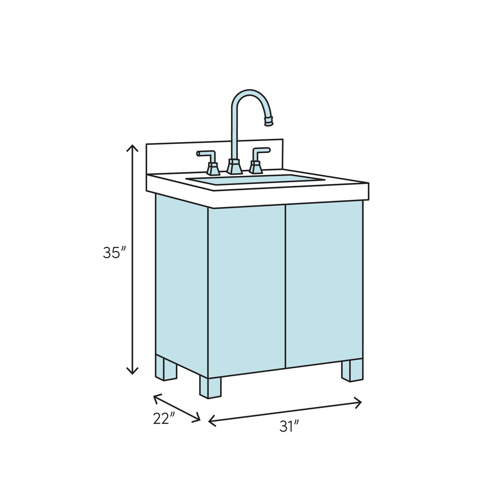 Illustration of a 31 in freestanding modern solid wood single-sink bathroom vanity with stone top and backsplash, two-door cabinet on legs and center faucet; dimensions shown: 31 in W x 22 in D x 35 in H.
