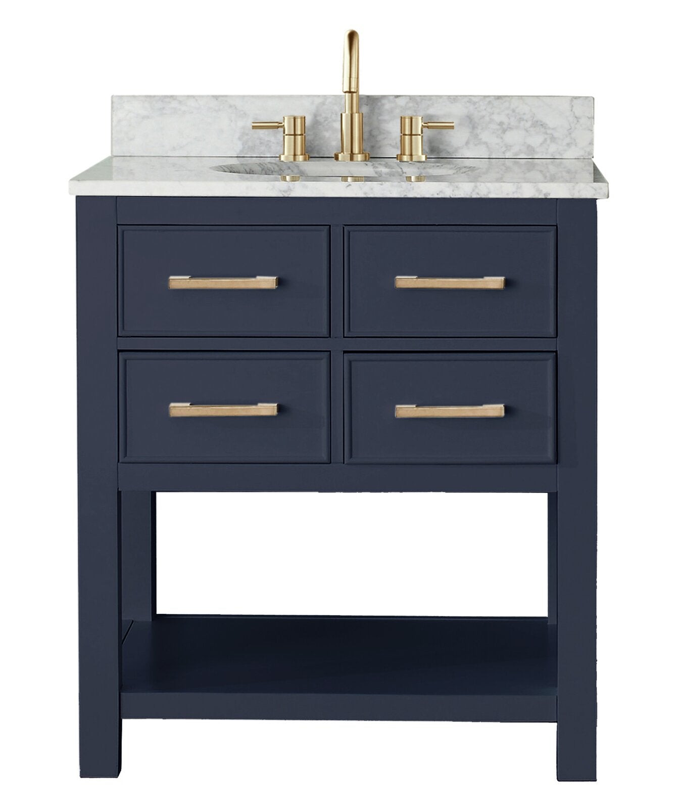 31-inch freestanding modern navy solid wood single-sink bathroom vanity with white marble stone top and backsplash, undermount basin, brushed gold widespread faucet and four drawers with gold bar pulls above an open shelf.