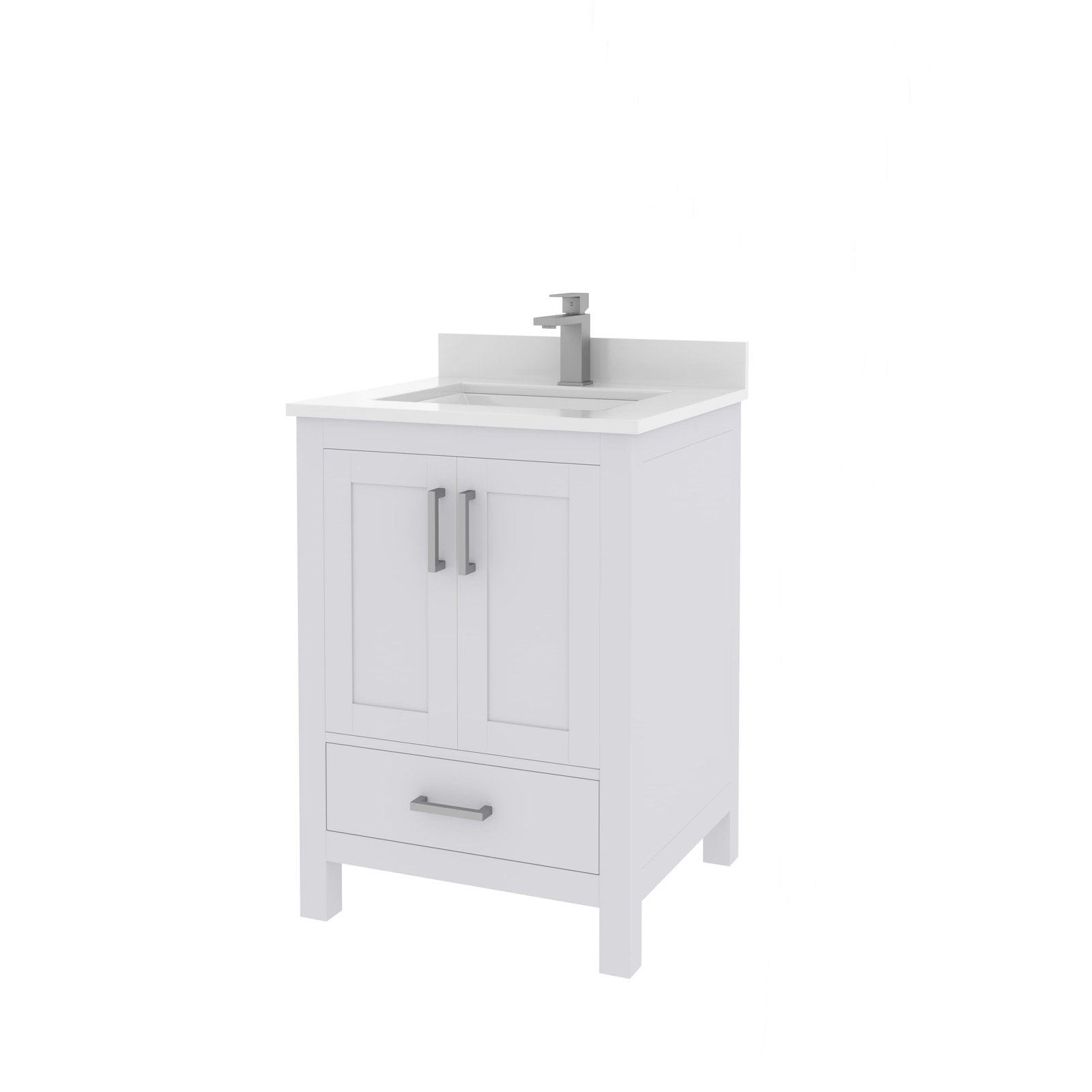 Freestanding 24-inch modern solid wood bathroom vanity in stone finish with white integrated ceramic sink, single modern metal faucet, two shaker doors, lower drawer and brushed metal bar handles.
