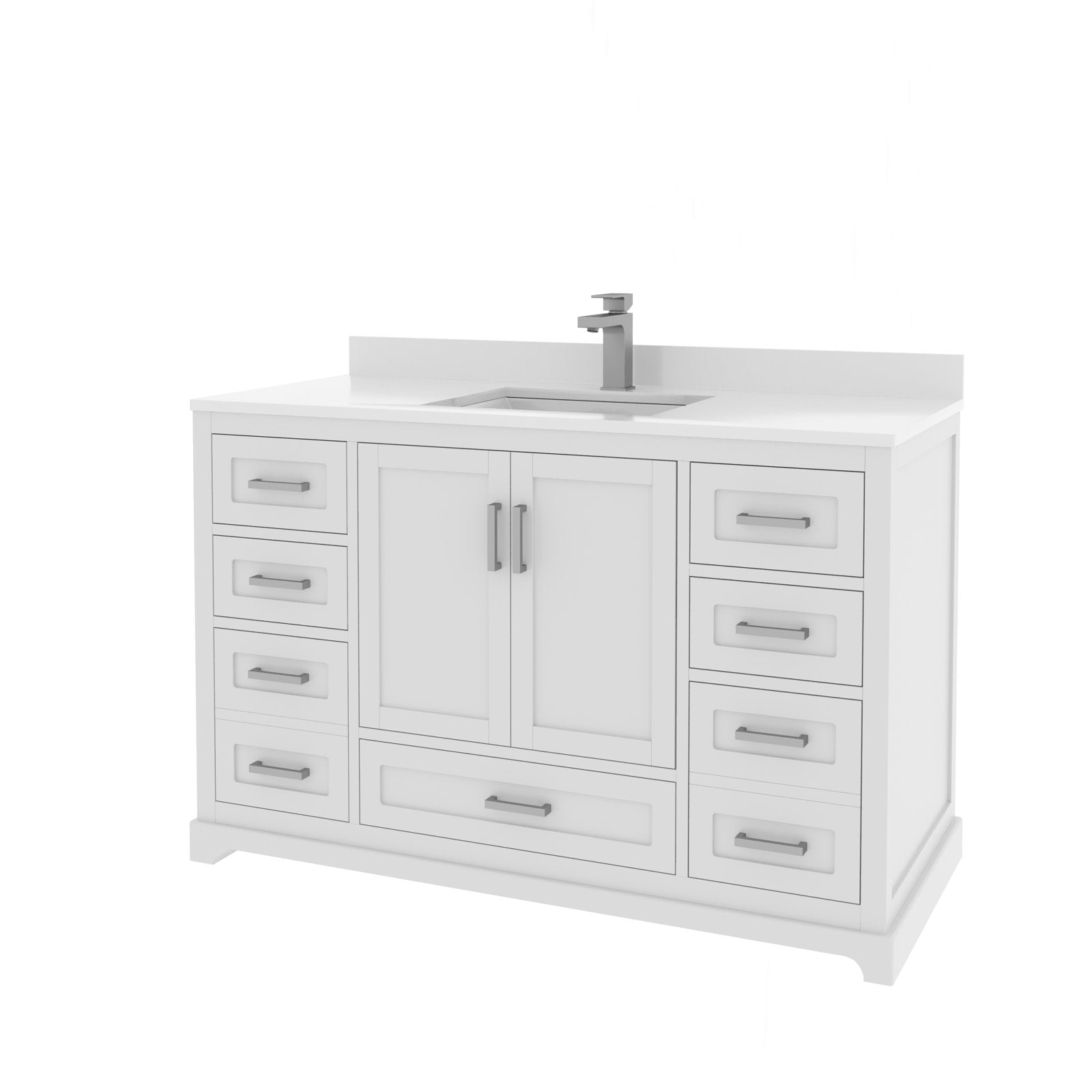 48-inch modern-contemporary solid wood bathroom vanity with a stone-colored countertop and integrated ceramic single sink, freestanding design with central double-door cabinet, multiple drawers and brushed metal handles.