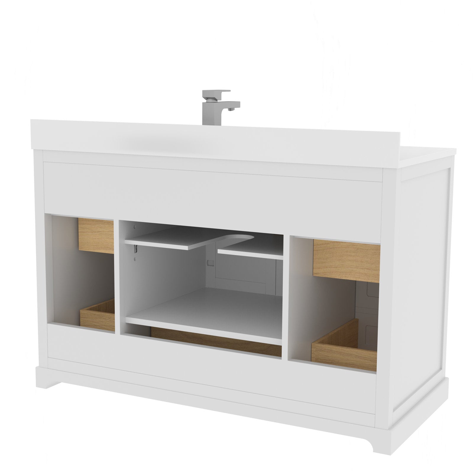 48-inch modern stone-finish solid wood single-sink bathroom vanity with a rectangular stone top and single square faucet, open central shelving and recessed compartments revealing wood-tone drawer boxes.