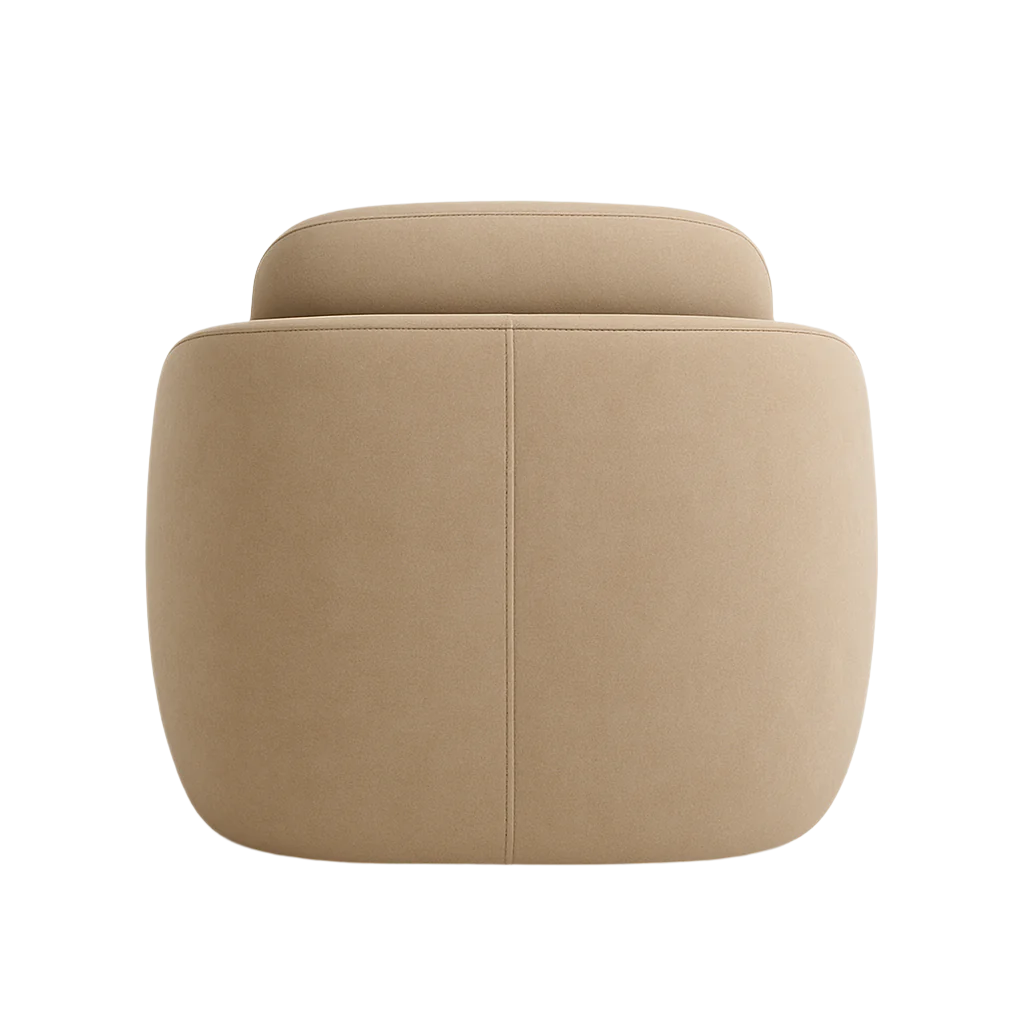 Back view of a modern tan fabric accent chair showing its rounded, cushioned silhouette and vertical center-back seam against a white background.