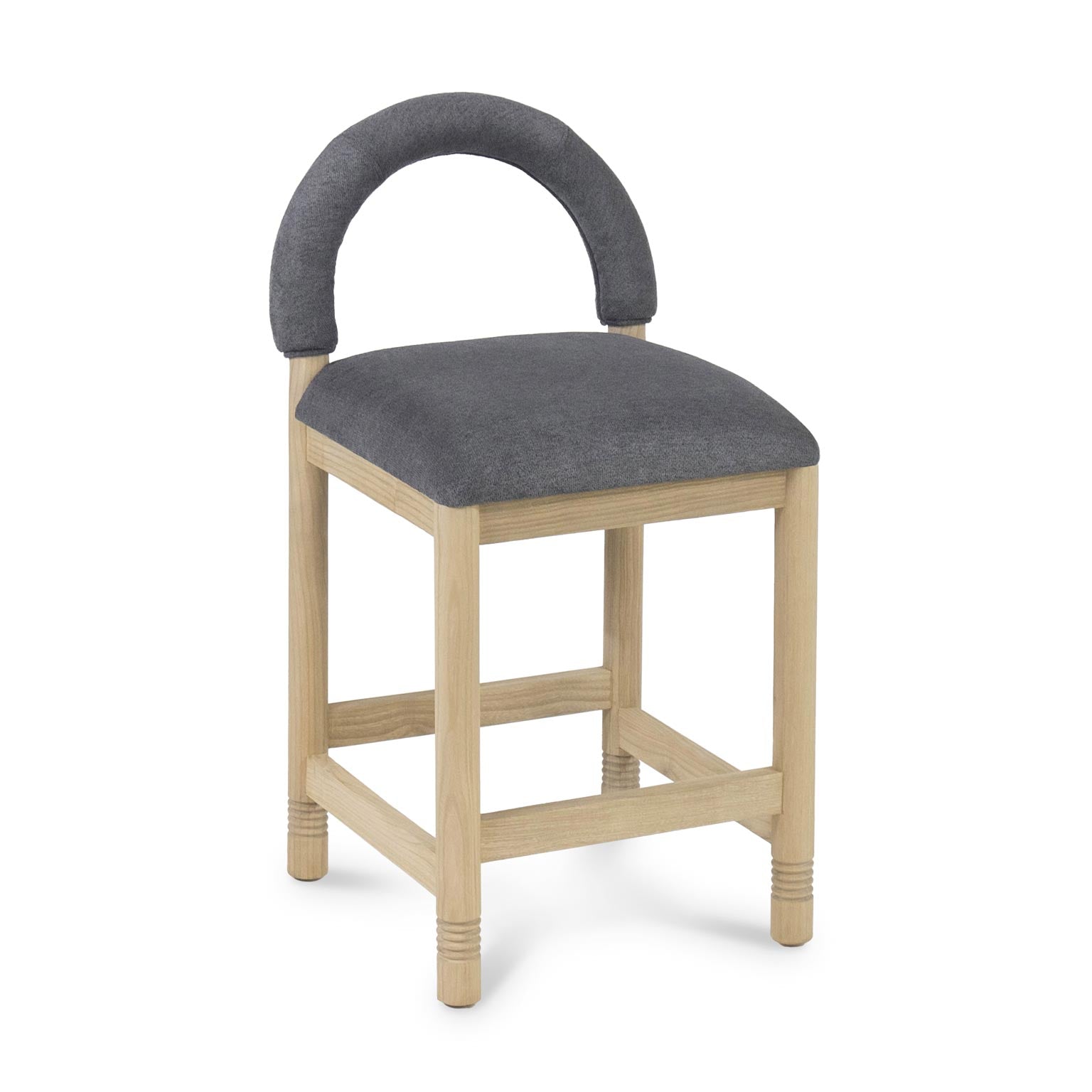 Natural oak-framed counter stool with a cushioned gray boucle seat and rounded upholstered low back, square legs joined by stretcher rails and subtle turned-ring details at the feet.