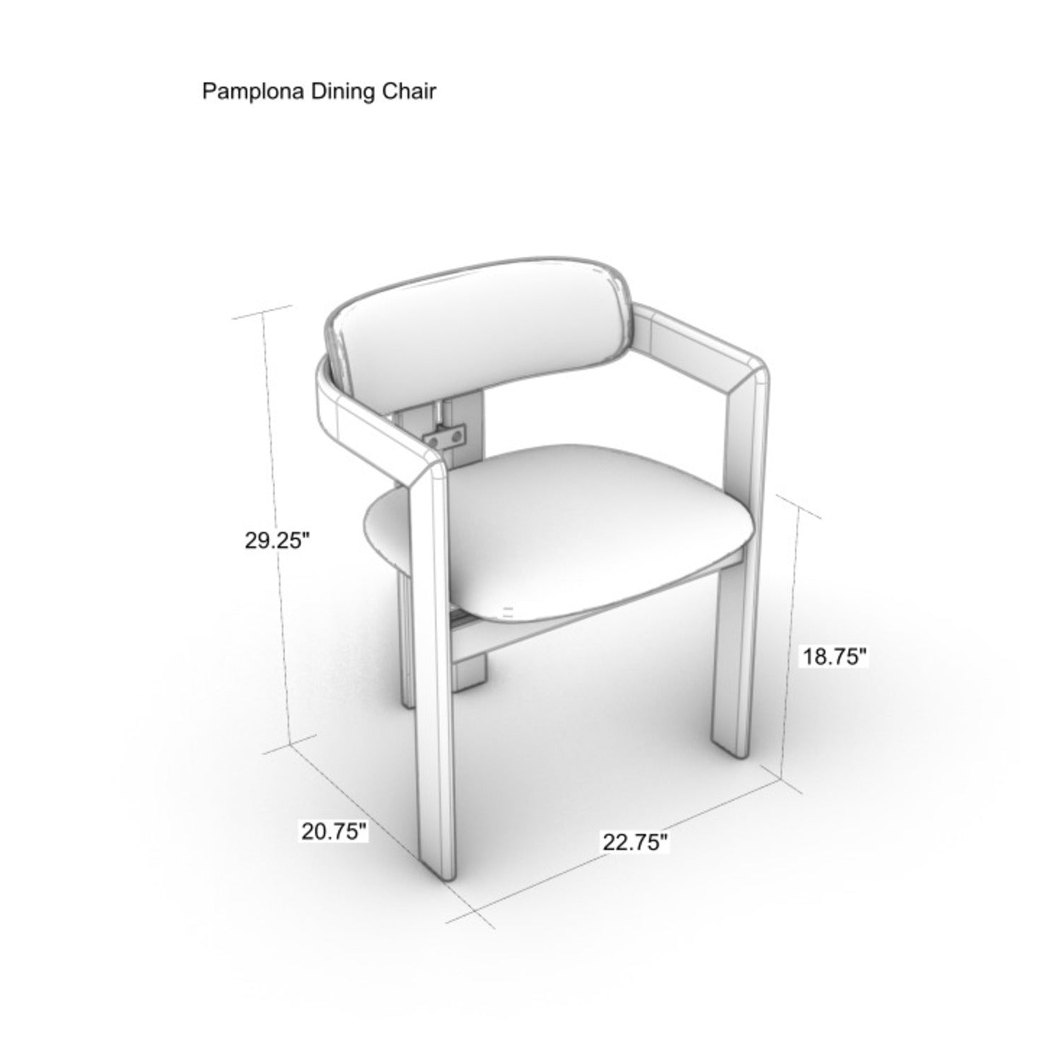 Technical line drawing of the Pamplona modern dining chair with cushioned seat, curved back and arms; labeled dimensions: 29.25 in H, 18.75 in seat H, 20.75 in D, 22.75 in W.