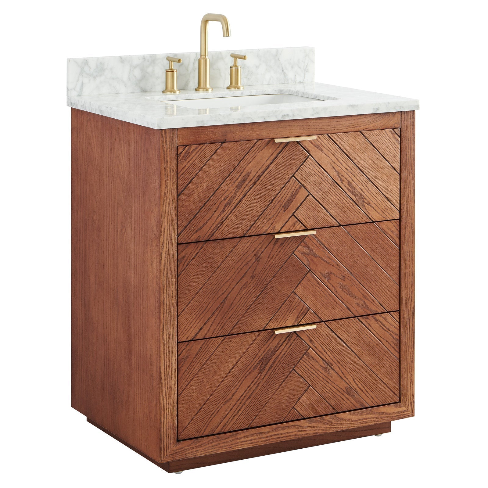 30-inch solid wood freestanding bathroom vanity in warm brown with chevron-pattern drawer fronts, white stone countertop and backsplash, undermount ceramic sink, and brushed brass faucet and slim brass pulls.