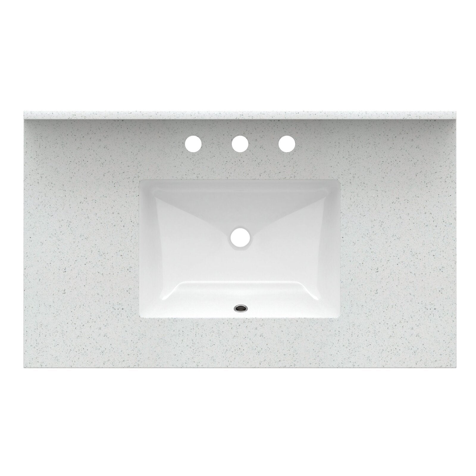 Top-down view of a stone-colored countertop with a white rectangular ceramic sink, three pre-drilled faucet holes above the basin and a center drain, shown for a modern 37-inch single-sink bathroom vanity.