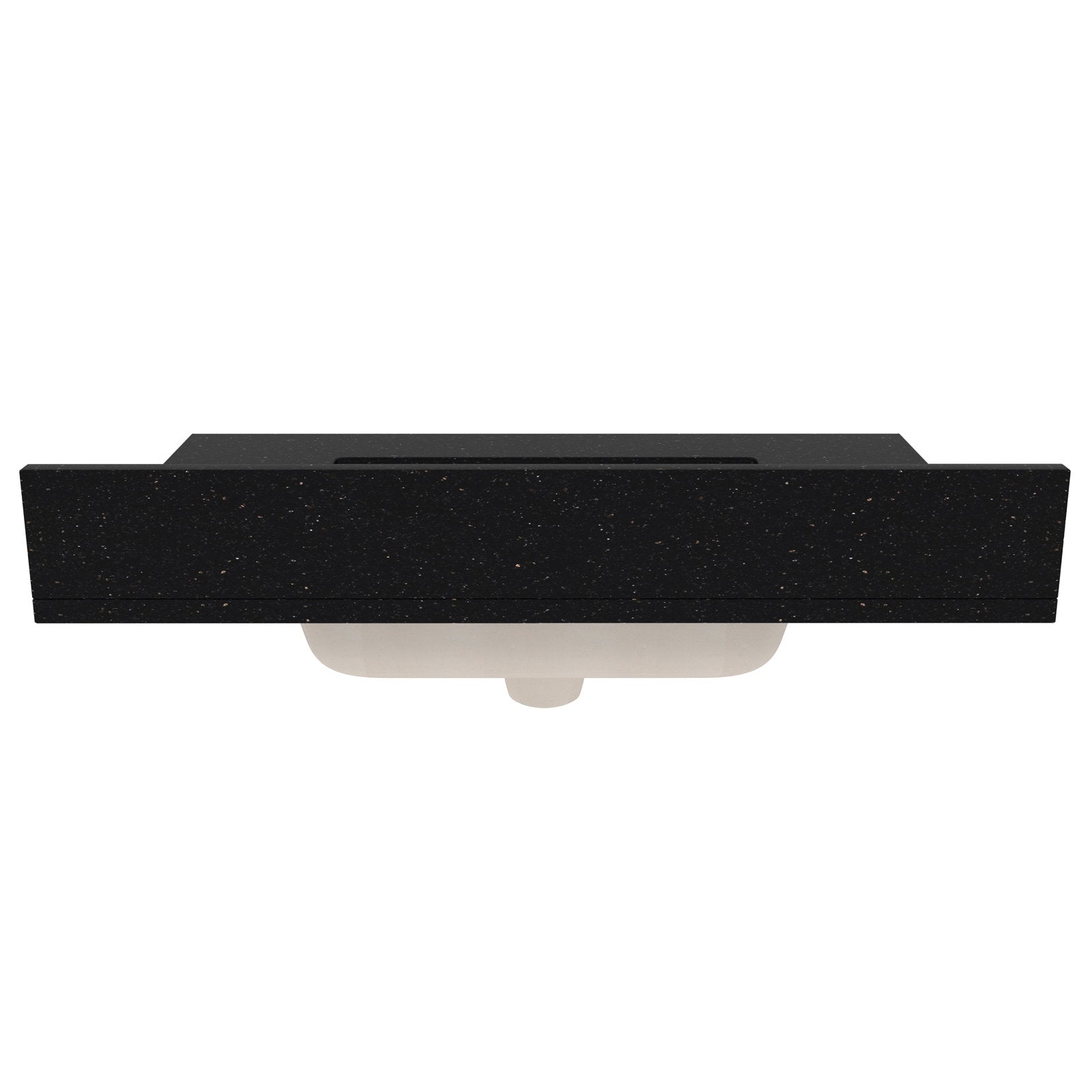 Top-down view of a black speckled quartz vanity top with a rectangular sink opening and a white ceramic undermount basin visible underneath.
