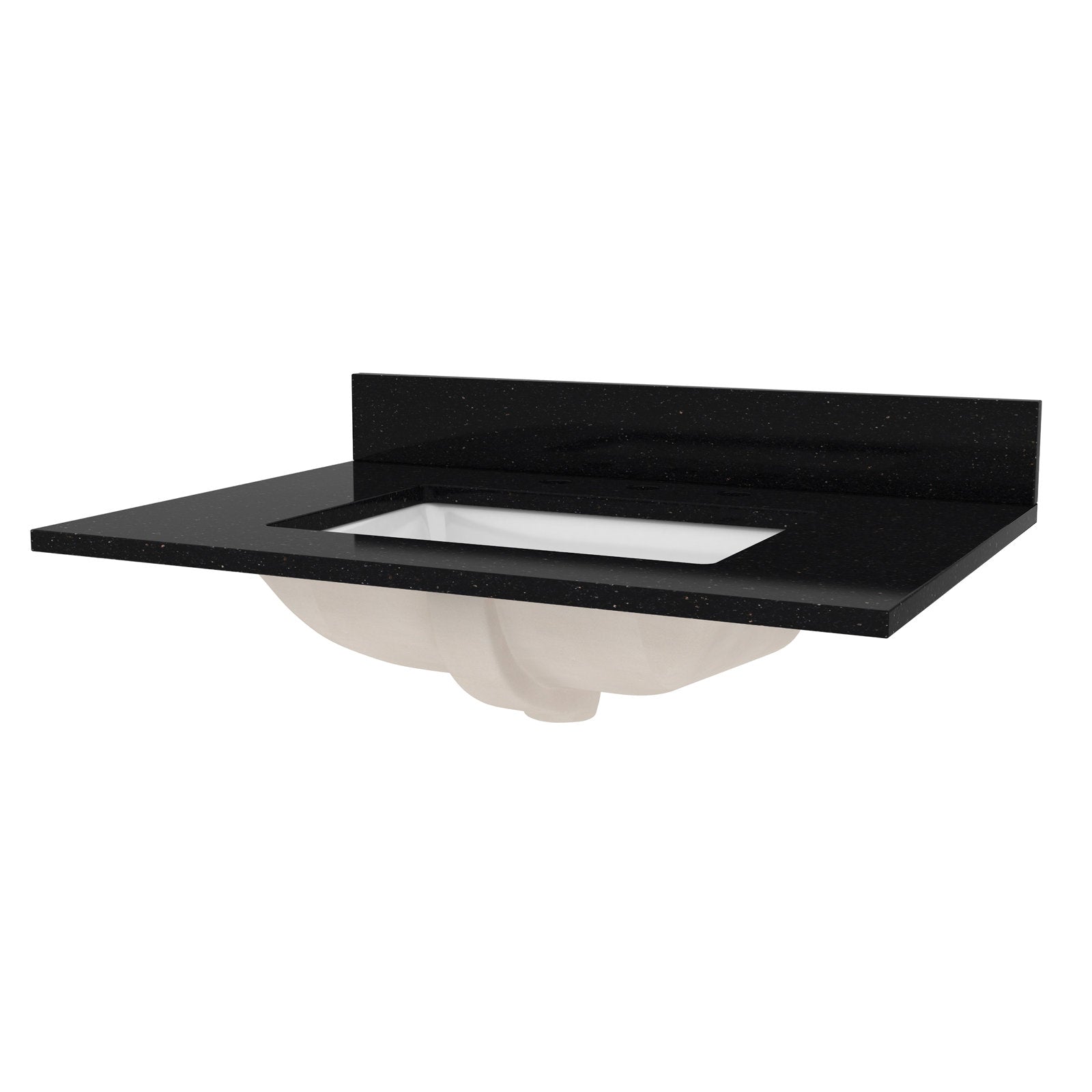 Black quartz vanity top with integrated backsplash and rectangular sink cutout, showcasing a white undermount ceramic basin visible from below; modern single-sink bathroom vanity top.